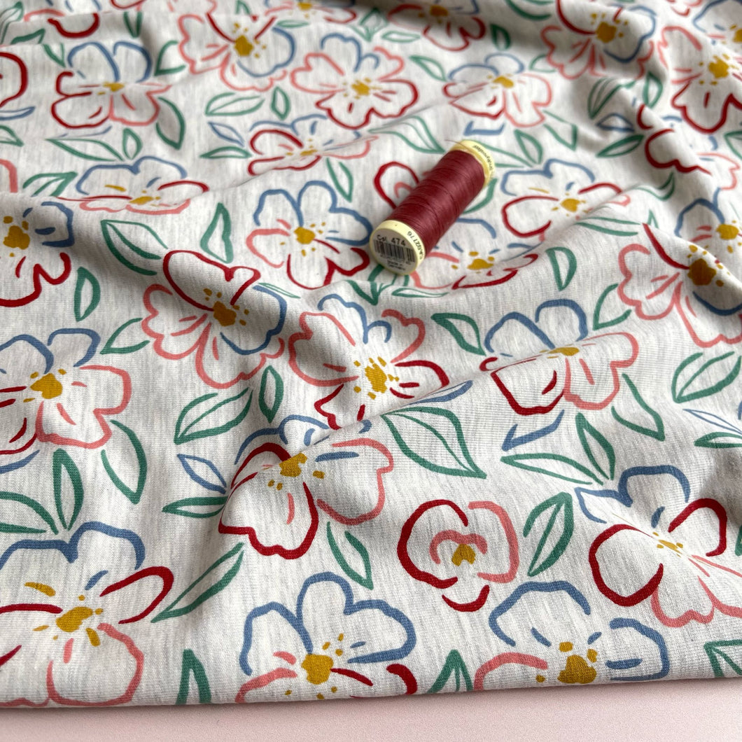 Floral Outline on Ecru Melange Jersey Fabric