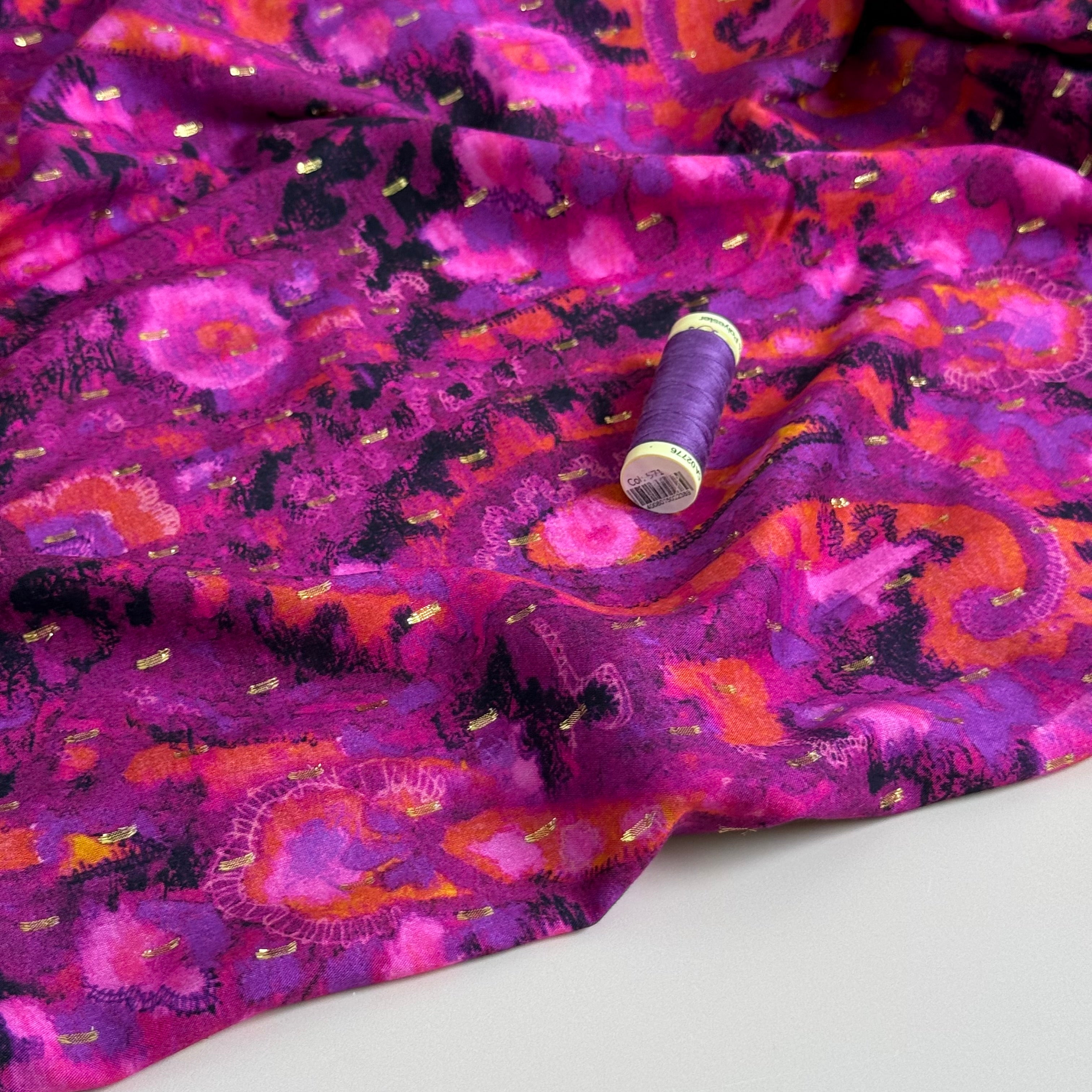 Magenta Paisley with Lurex Viscose Fabric