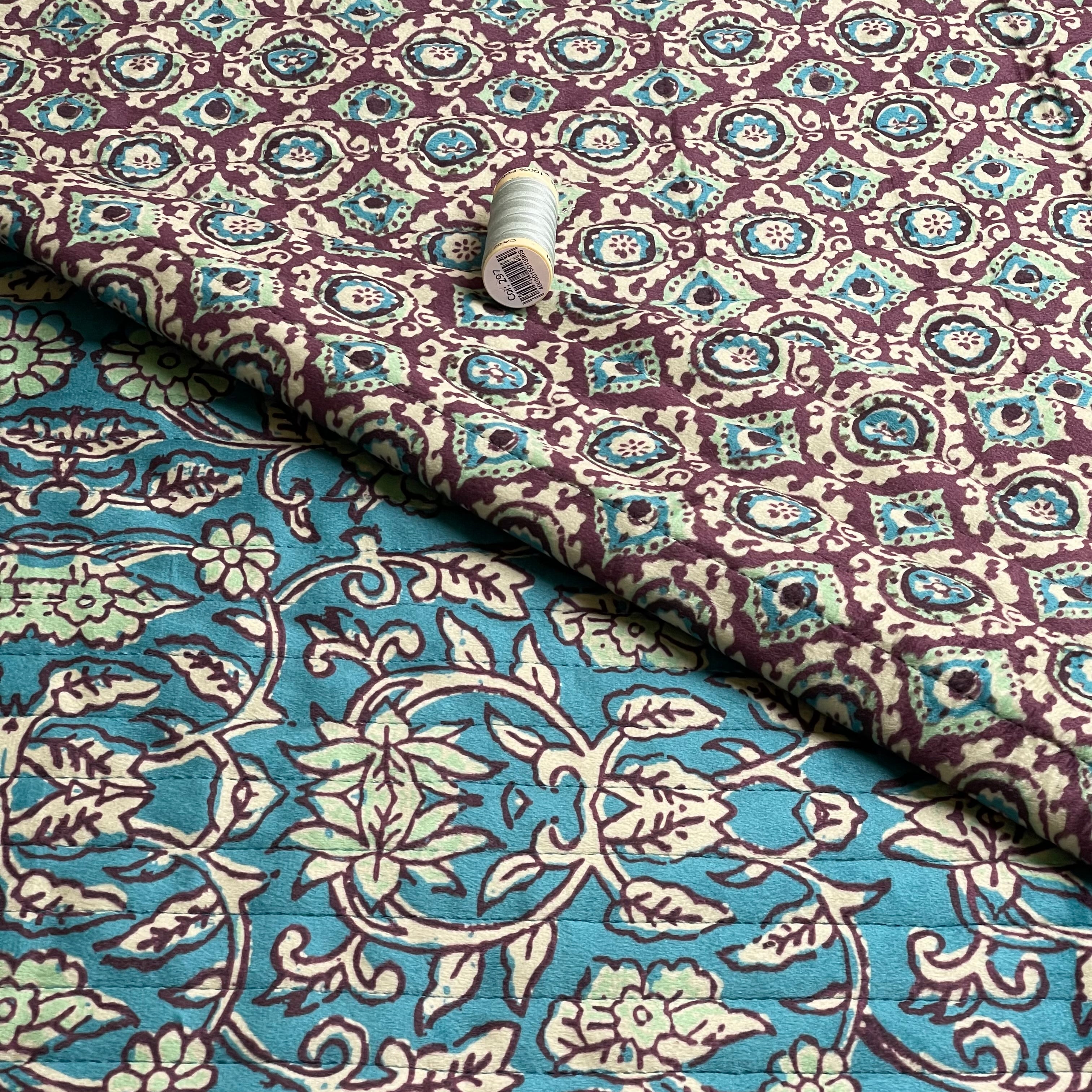 Floral Quilted Velvet Coating Fabric in Petrol & Brown