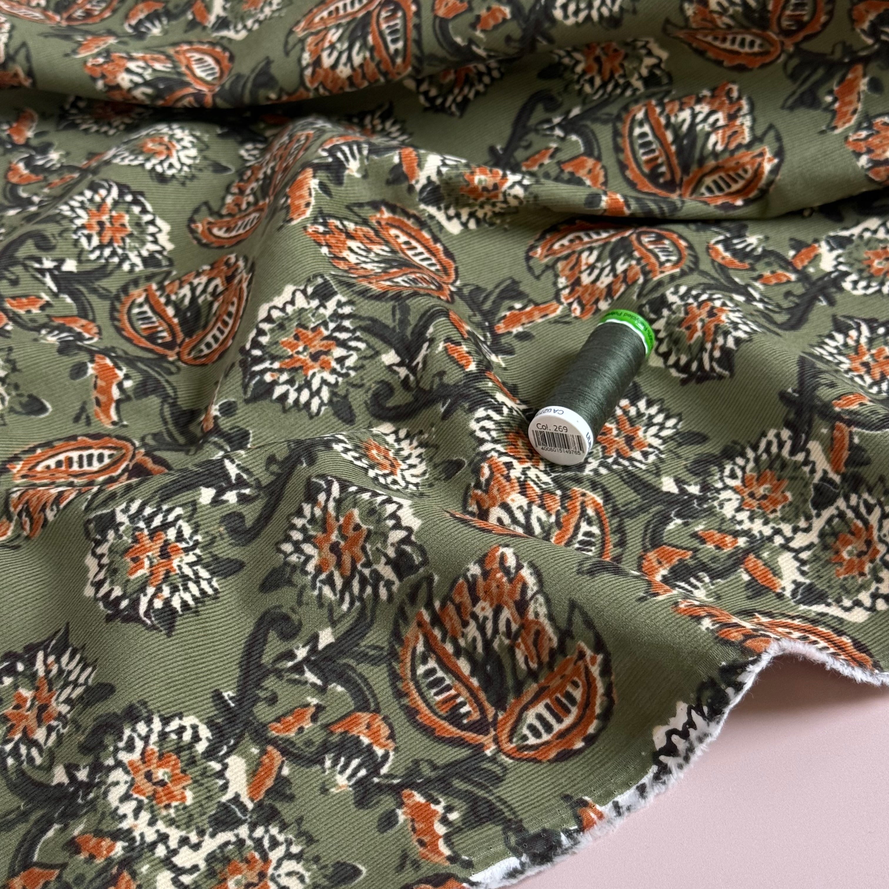 Brown Leaves on Olive Cotton Needlecord