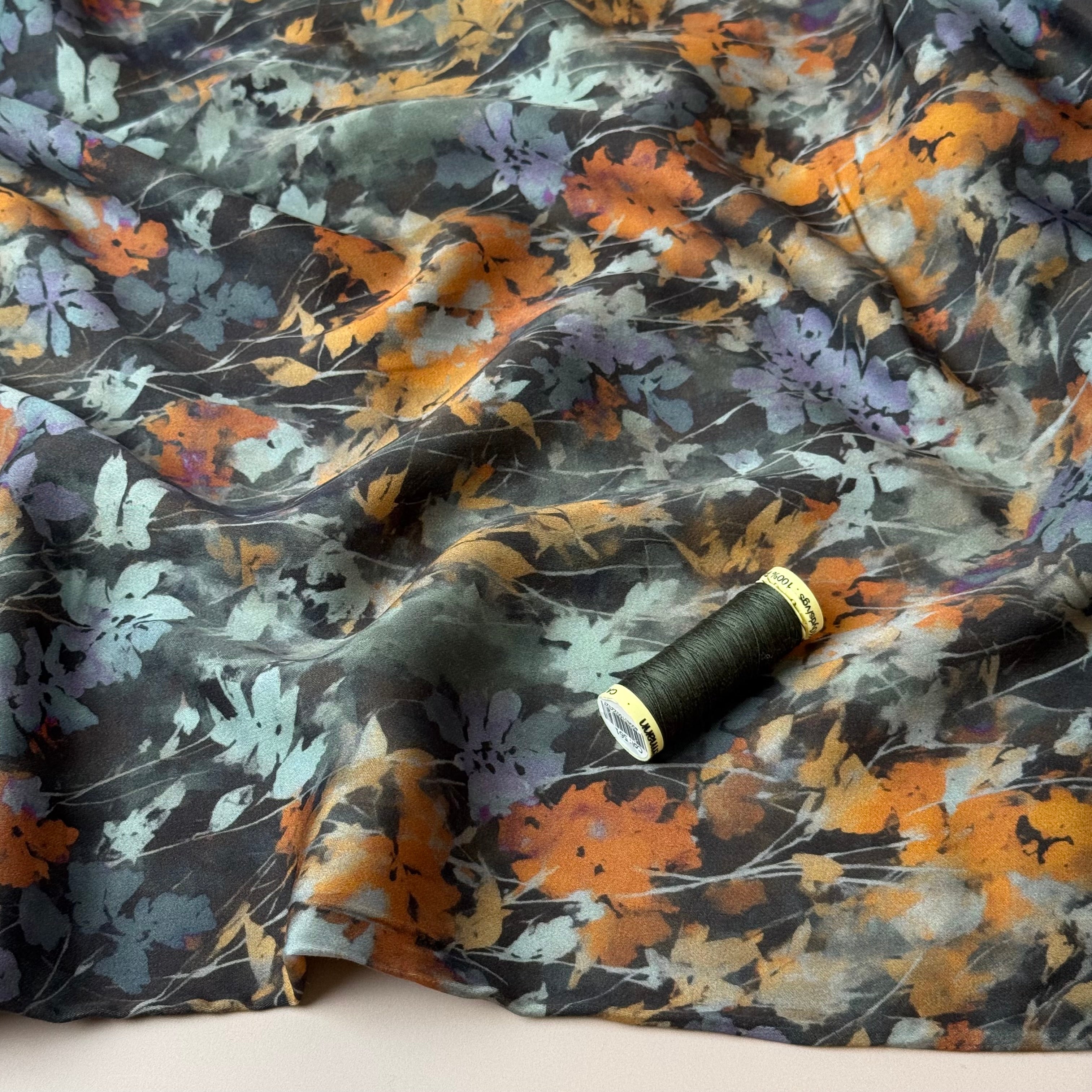 Hazy Autumn Flowers Dark Viscose Sateen Fabric