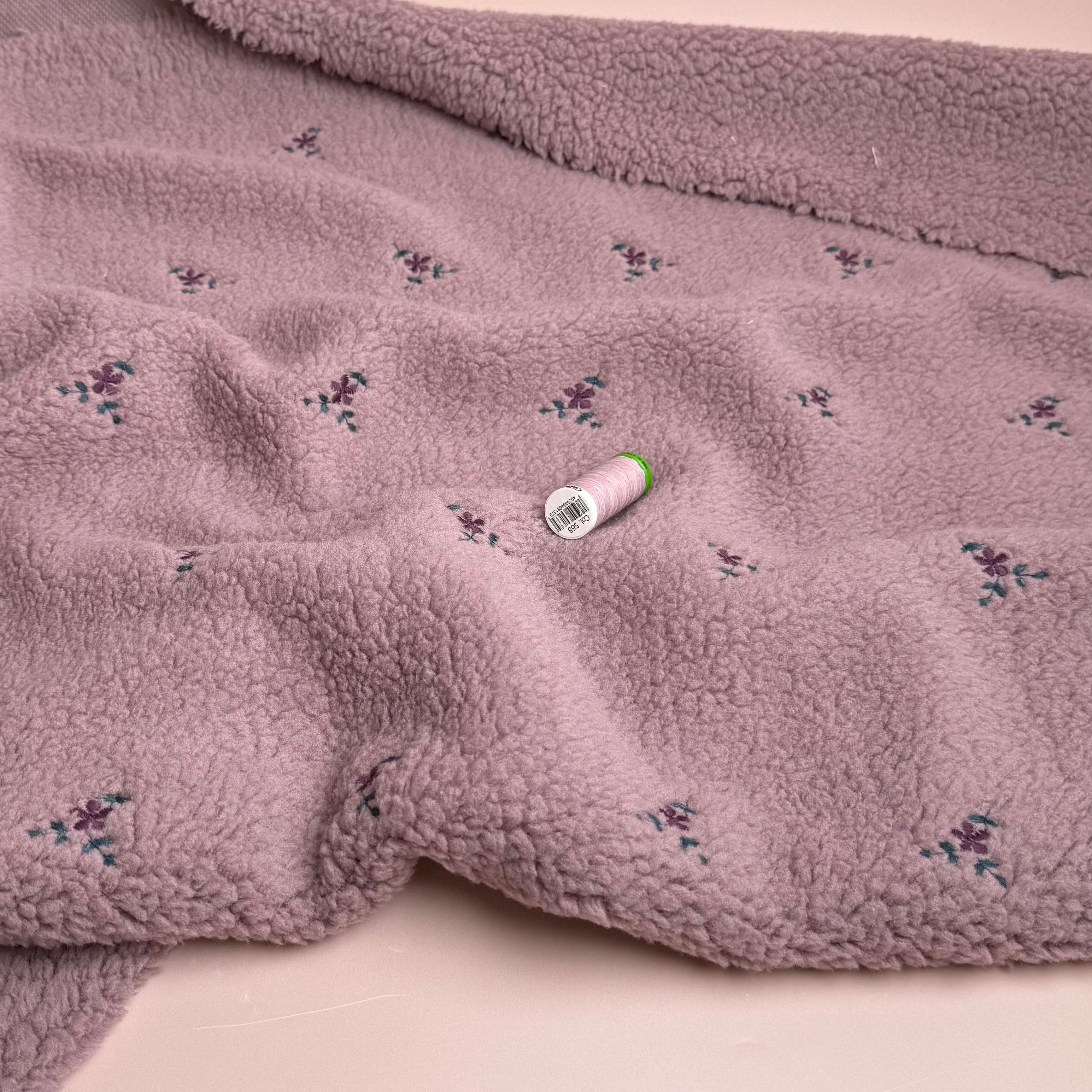Teddy Fabric with Embroidered Flowers in Mauve