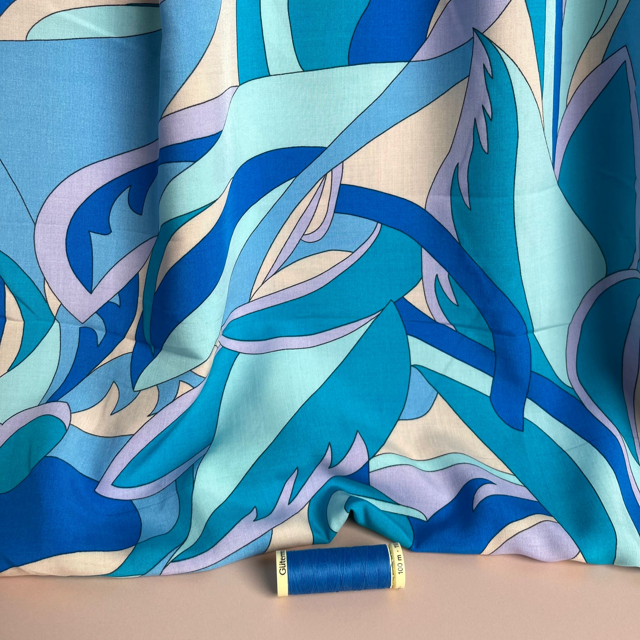 REMNANT 1 Metre - Abstract Ocean in Turquoise Viscose Poplin Fabric
