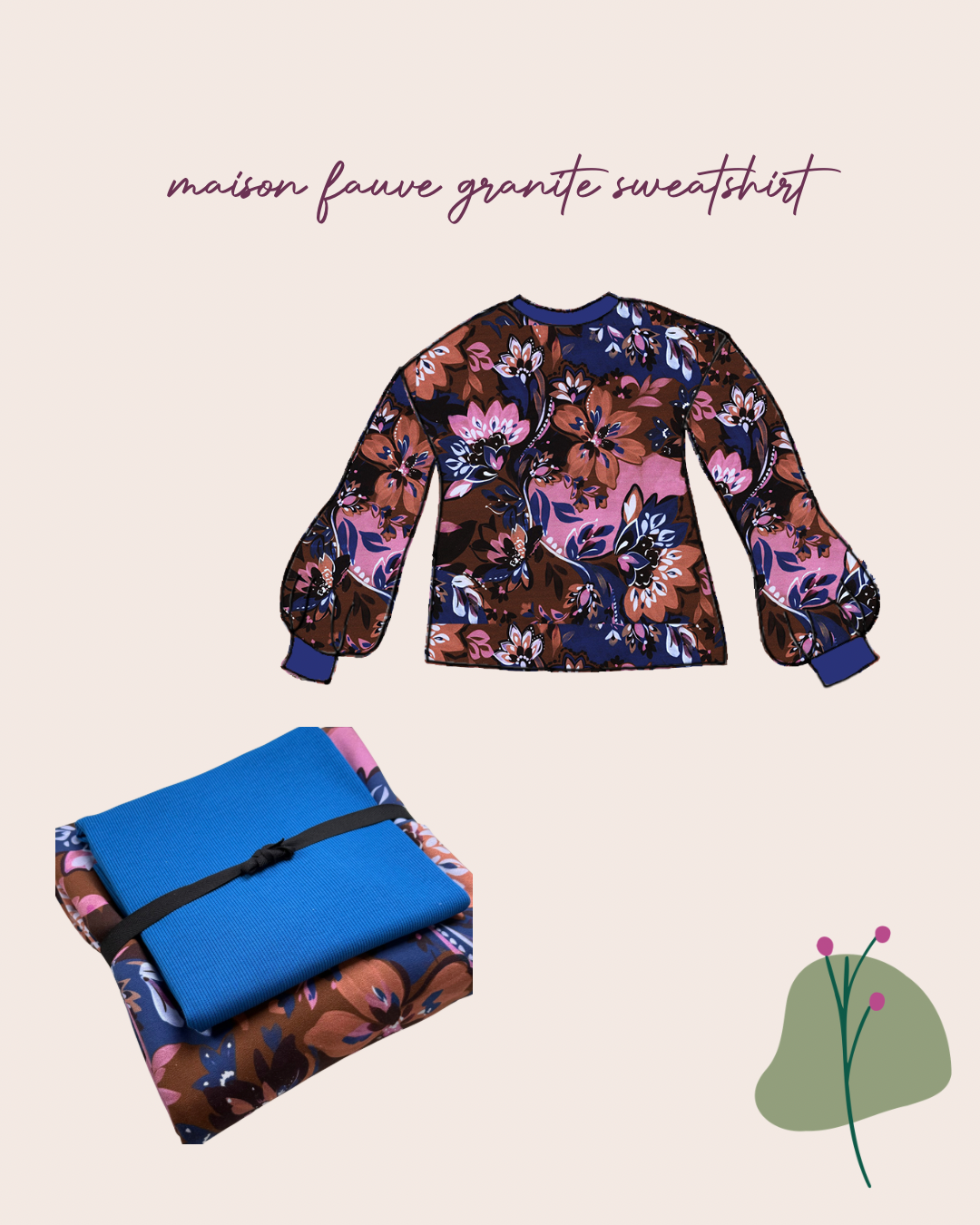 Colour Bundles - Painted Flowers Brown Cotton French Terry & Matching Ribbing
