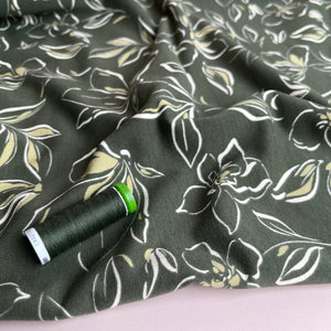 Line Flowers on Olive Green Recycled Cotton French Terry