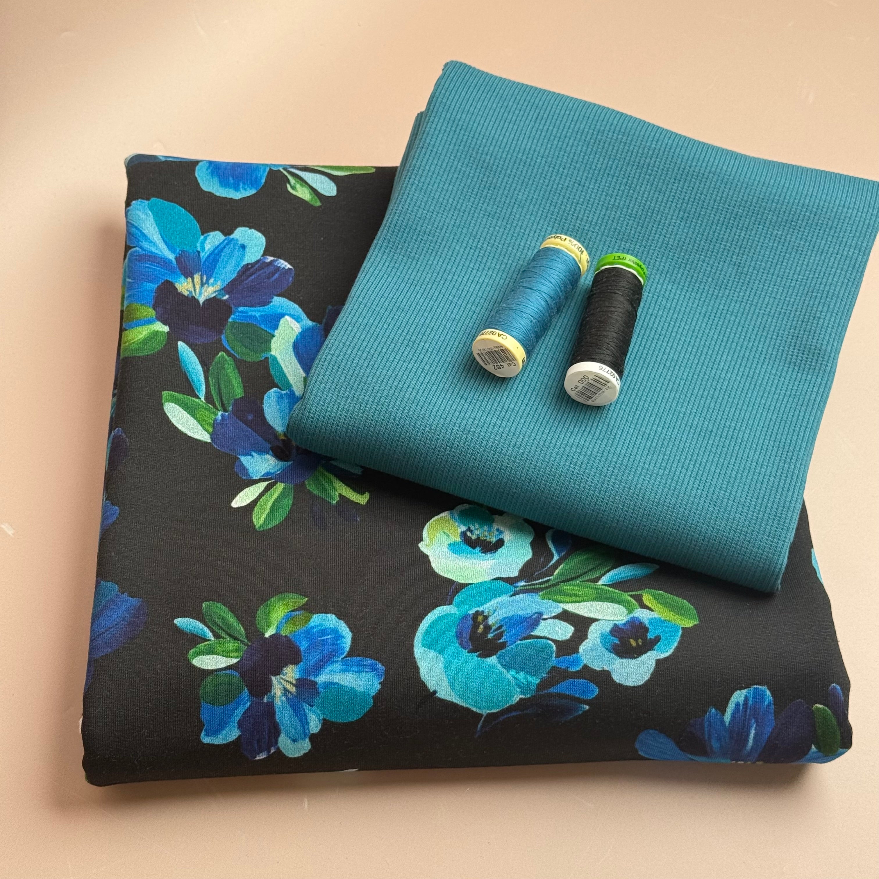 Colour Bundles - Painted Petals Black Cotton French Terry & Matching Ribbing