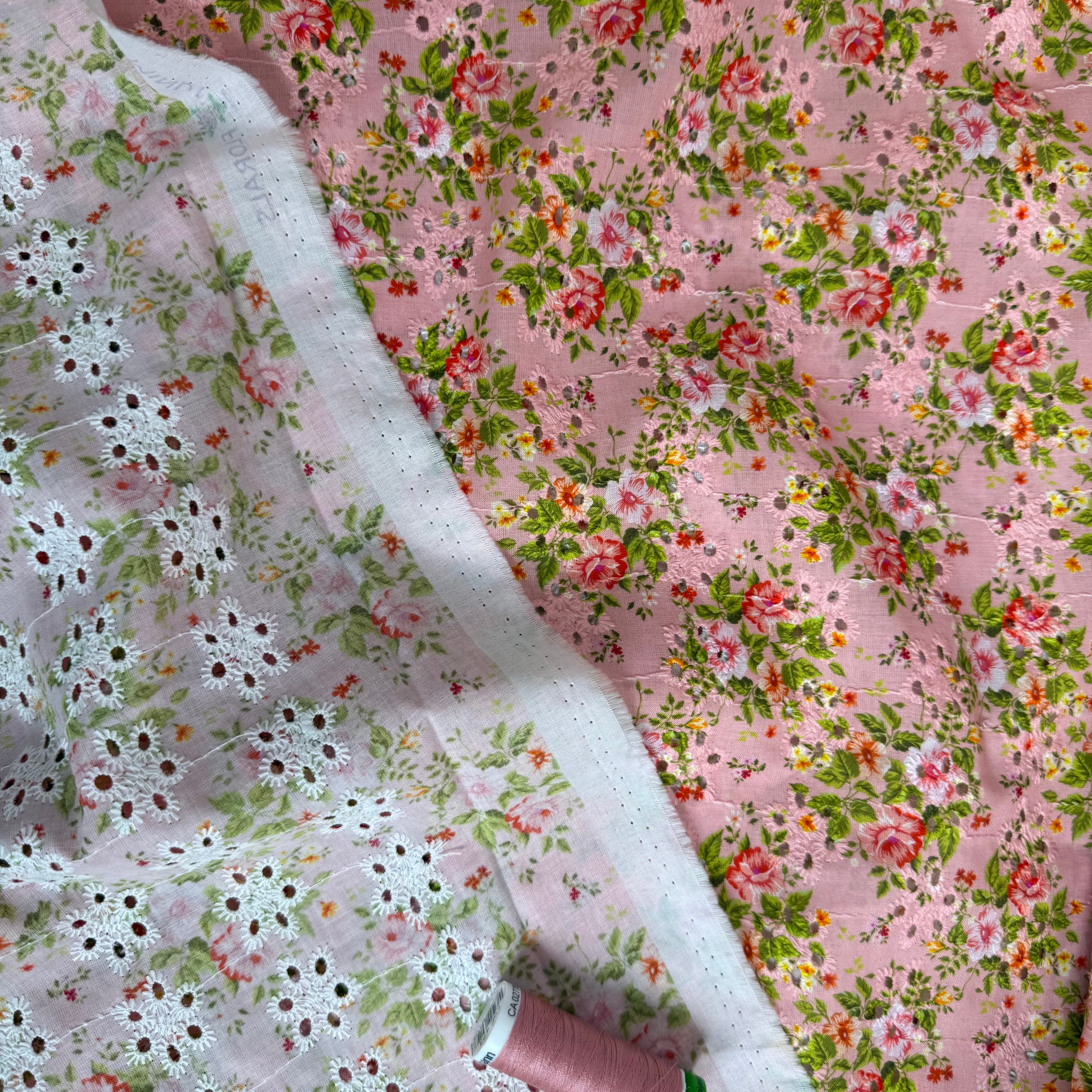 Rose Bouquet on Embroidered Cotton Voile Fabric
