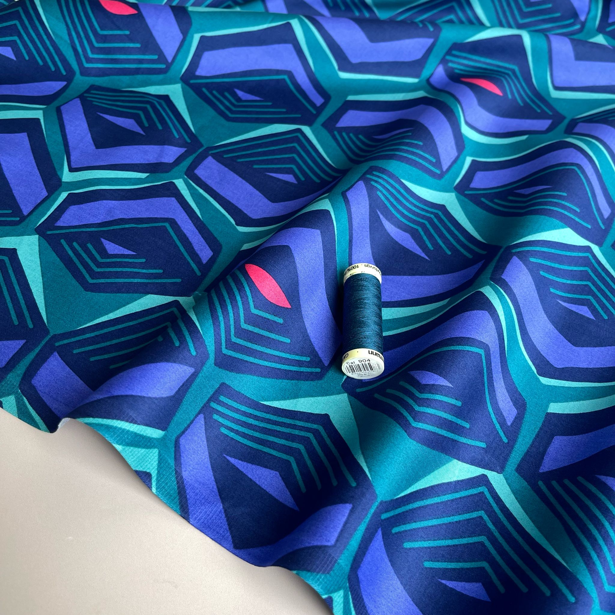 Geometric Teal Cotton Sateen Fabric