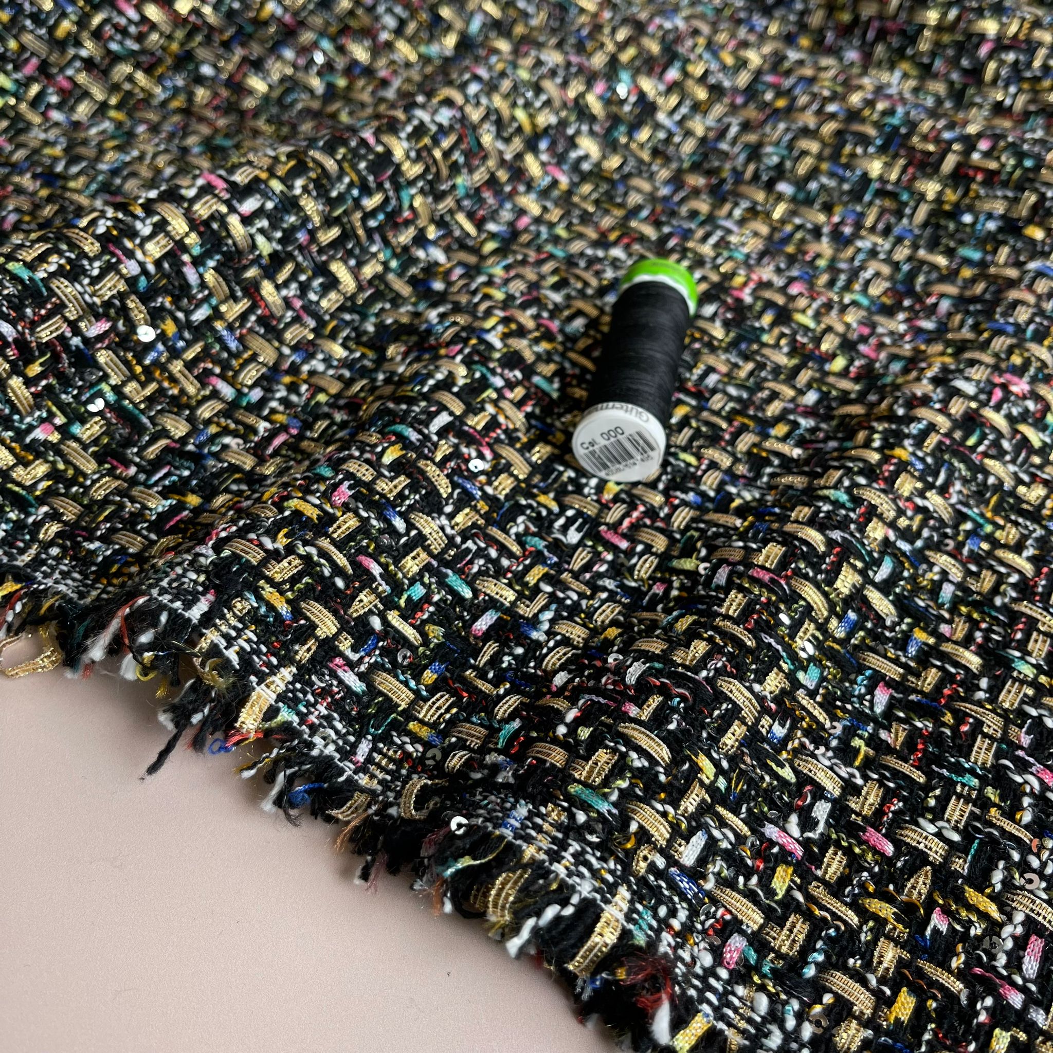 Rainbow on Black Tweed Boucle Fabric