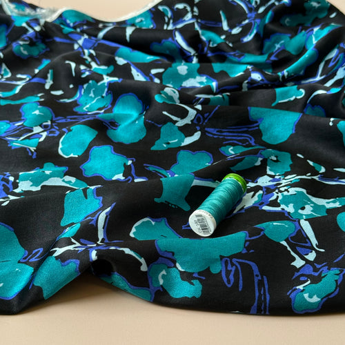 Petrol Petals Spun Viscose Sateen Fabric