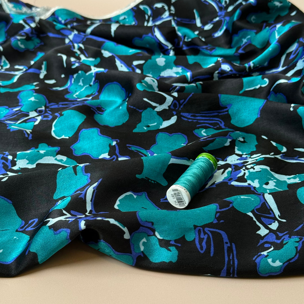 Petrol Petals Spun Viscose Sateen Fabric