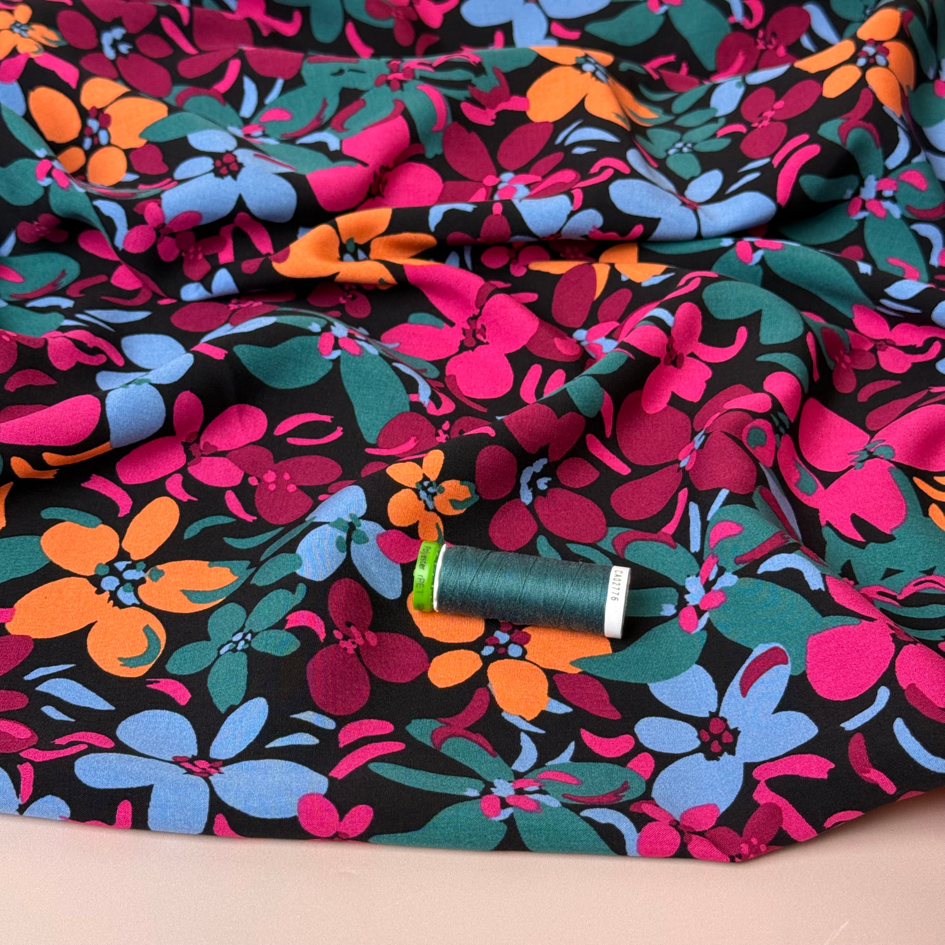 Graphic Floral Field Black Viscose Fabric