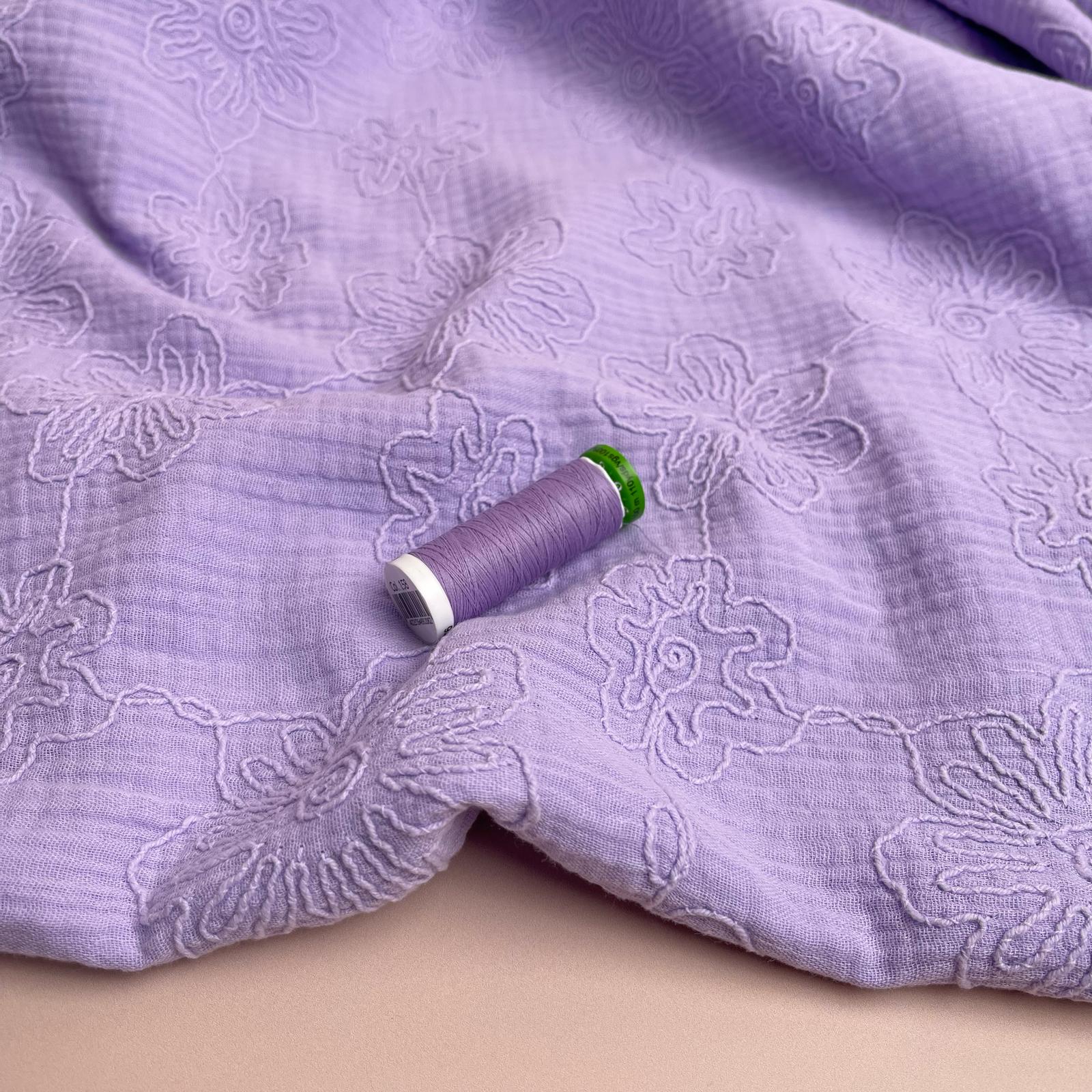 Embroidered Blooms on Lilac Cotton Double Gauze