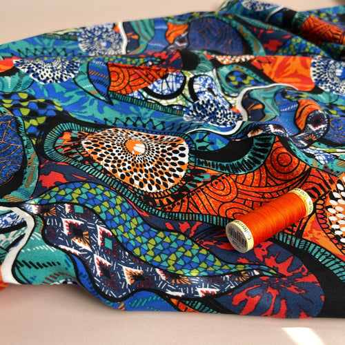 Ankara in Blue and Orange Viscose Challis Fabric