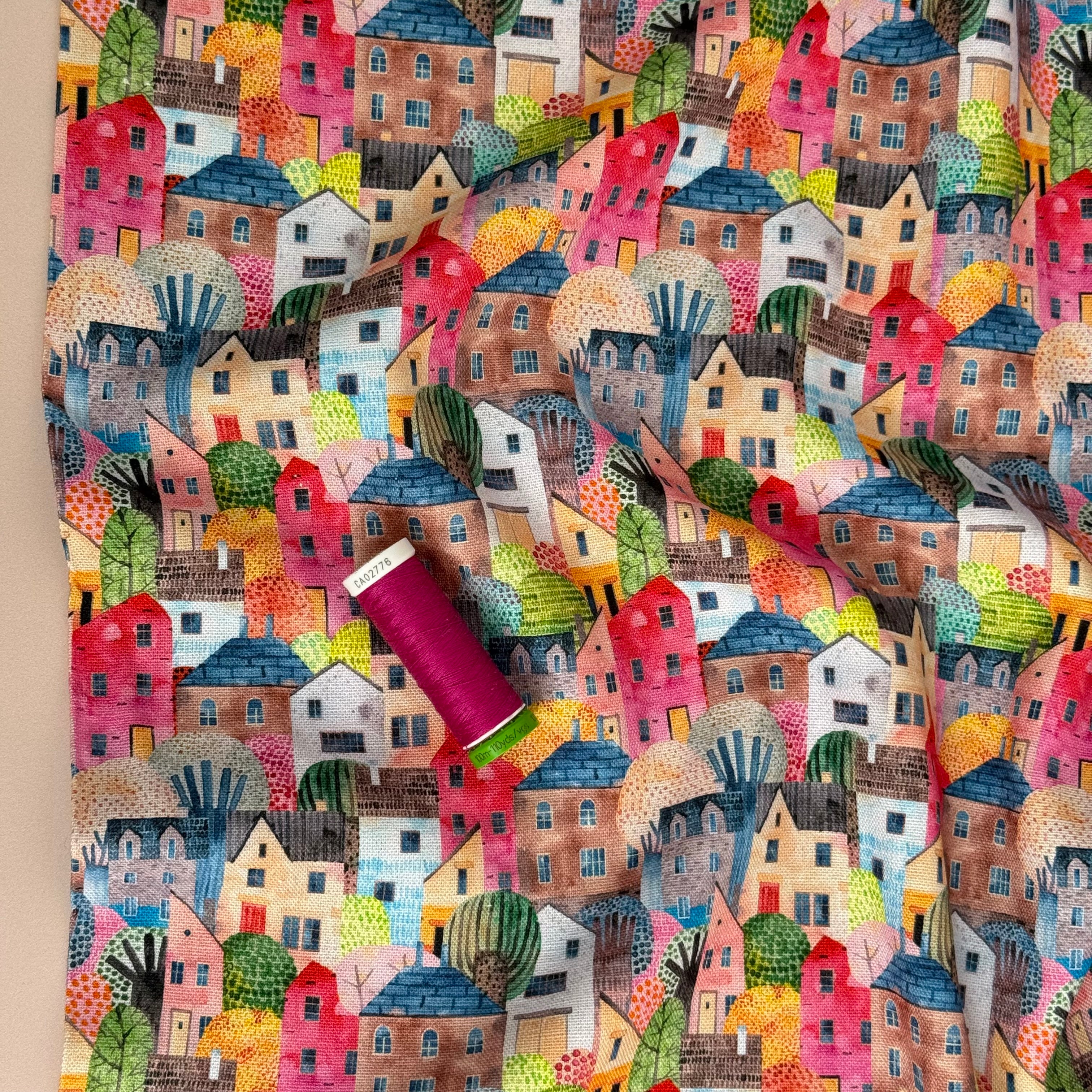 REMNANT 0.63 Metre - Rainbow Houses Viscose Linen Fabric