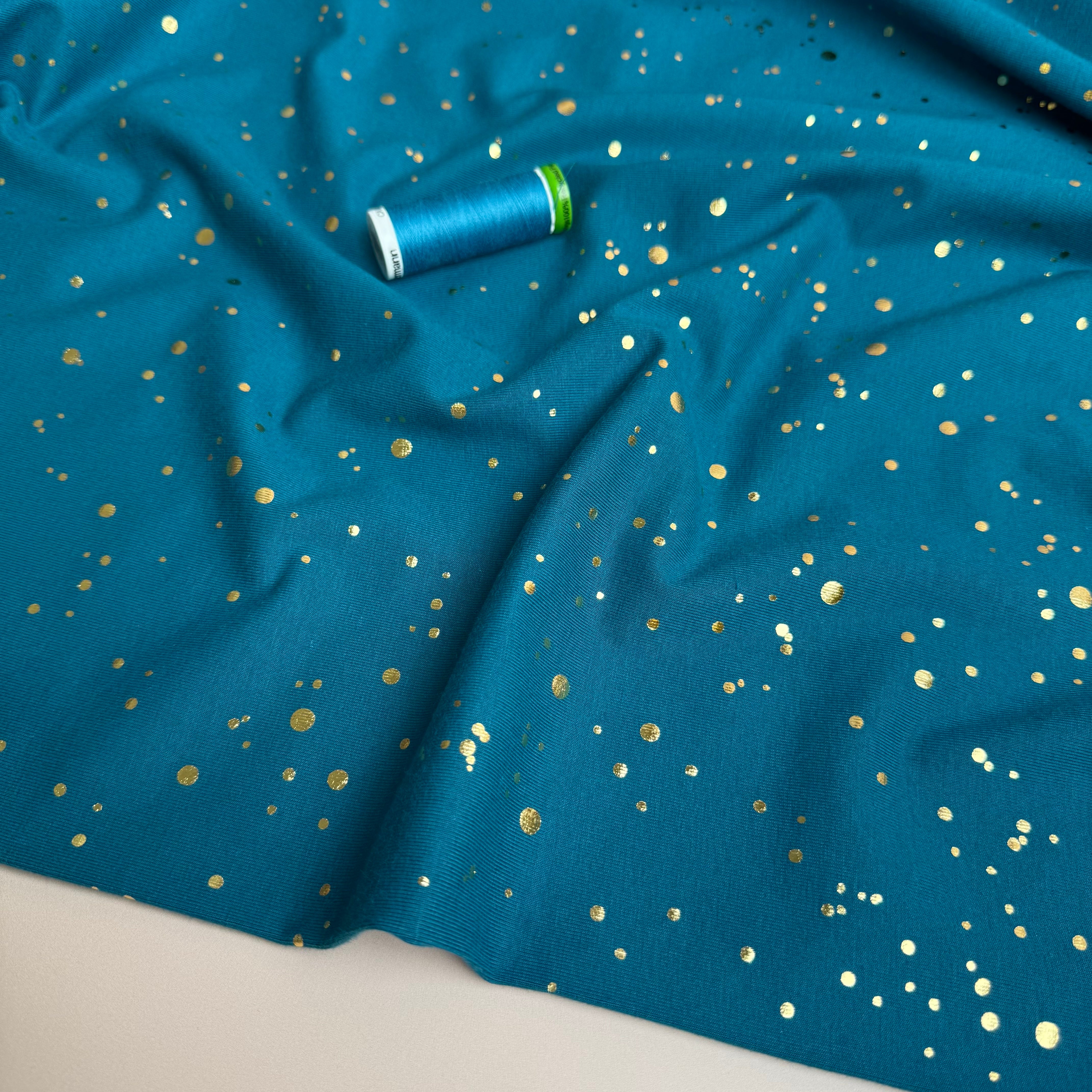 Gold Confetti on Petrol Cotton Jersey Fabric