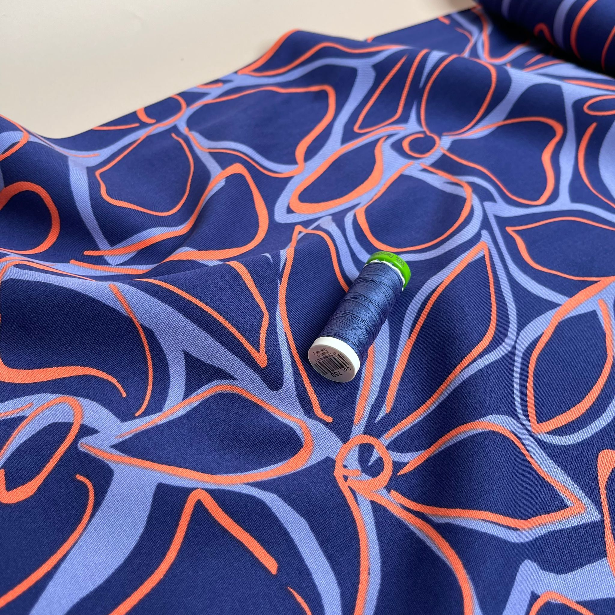 Rosella Line Flowers Navy Viscose Twill with Stretch