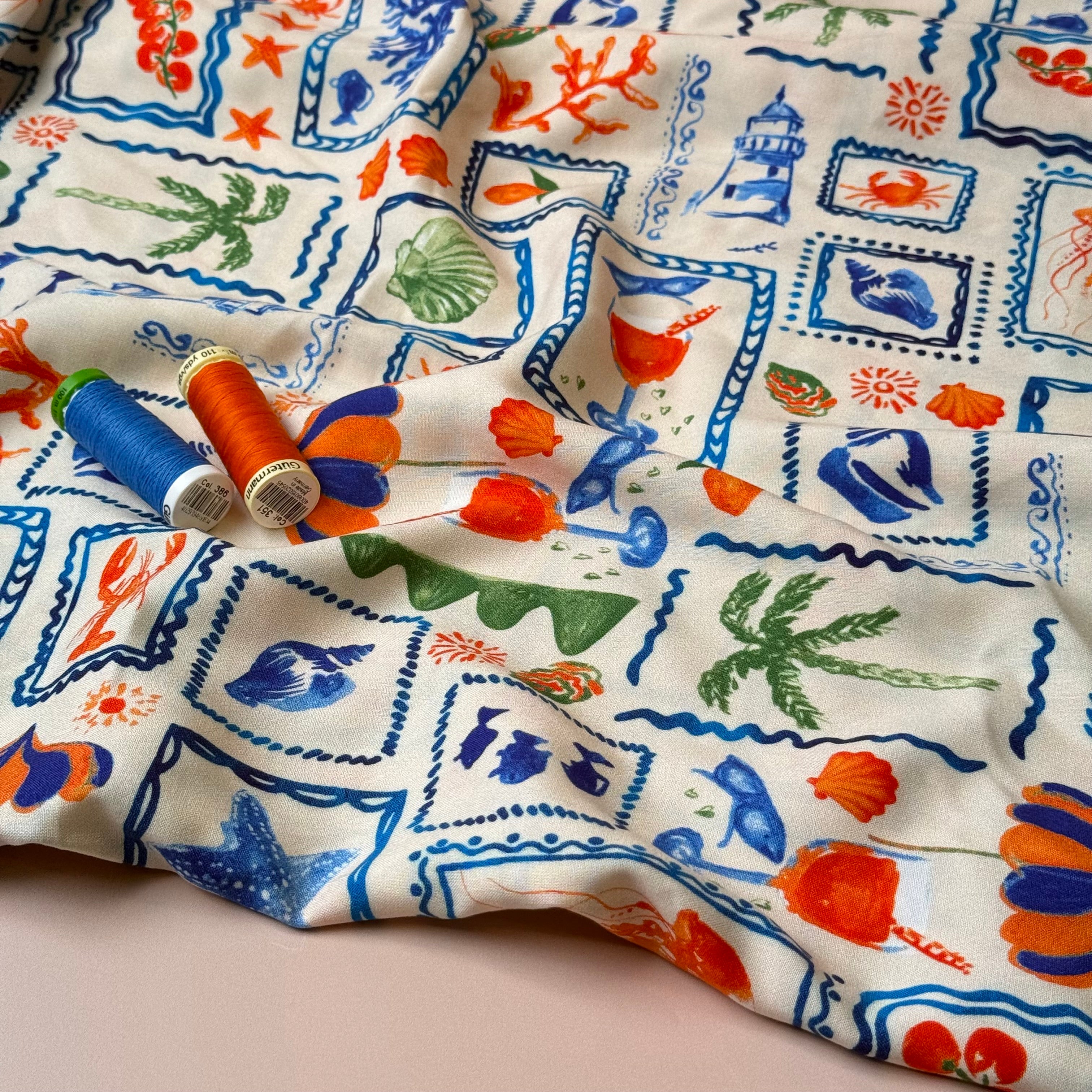 PRE-ORDER (arriving by end of May) - Seaside Postcard on Warm Beige Viscose Poplin Fabric