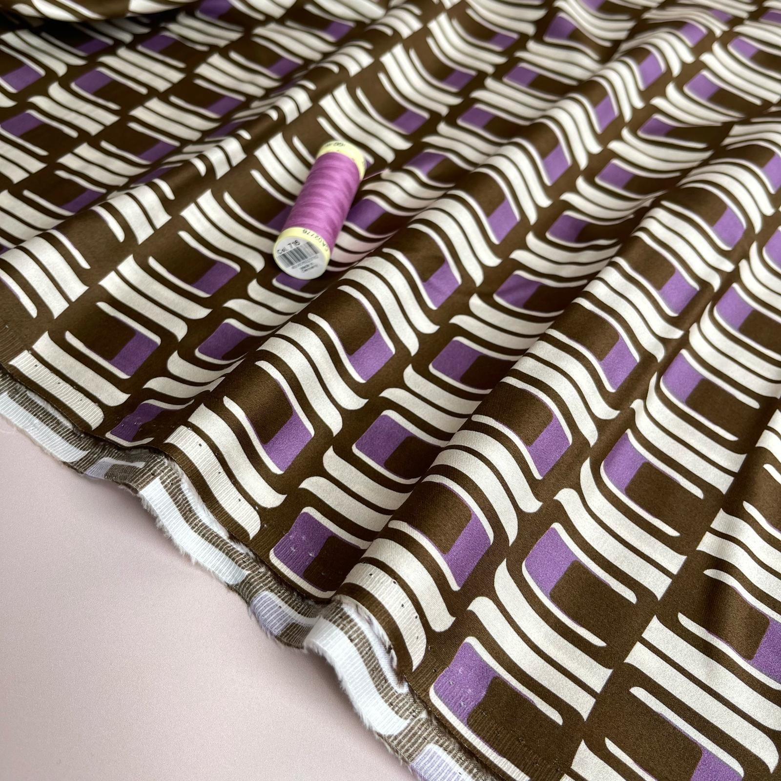 Deadstock Brown and Purple Geo Cotton Sateen Fabric