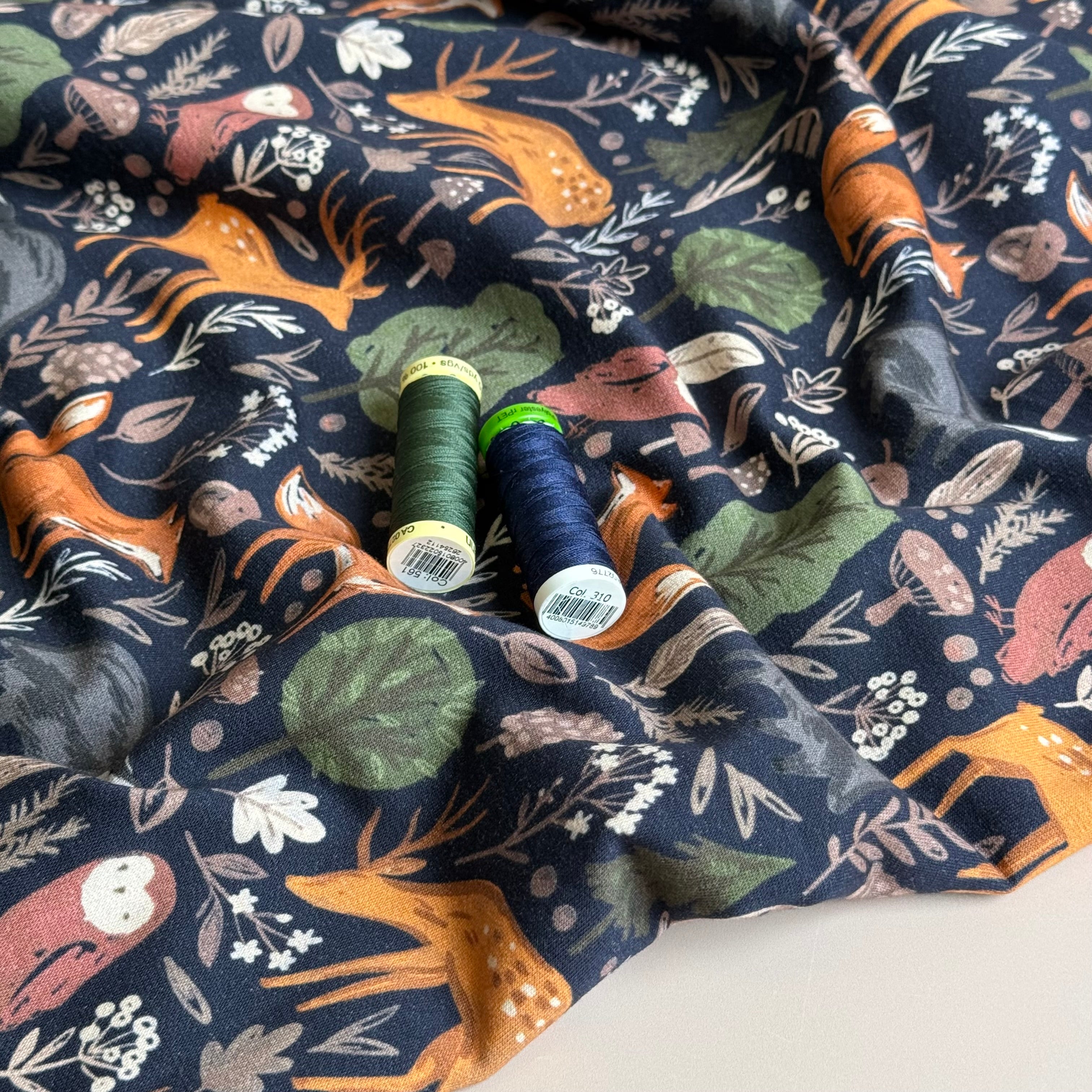 Woodland Anmals on Dark Navy Cotton Sweat Shirting Fabric