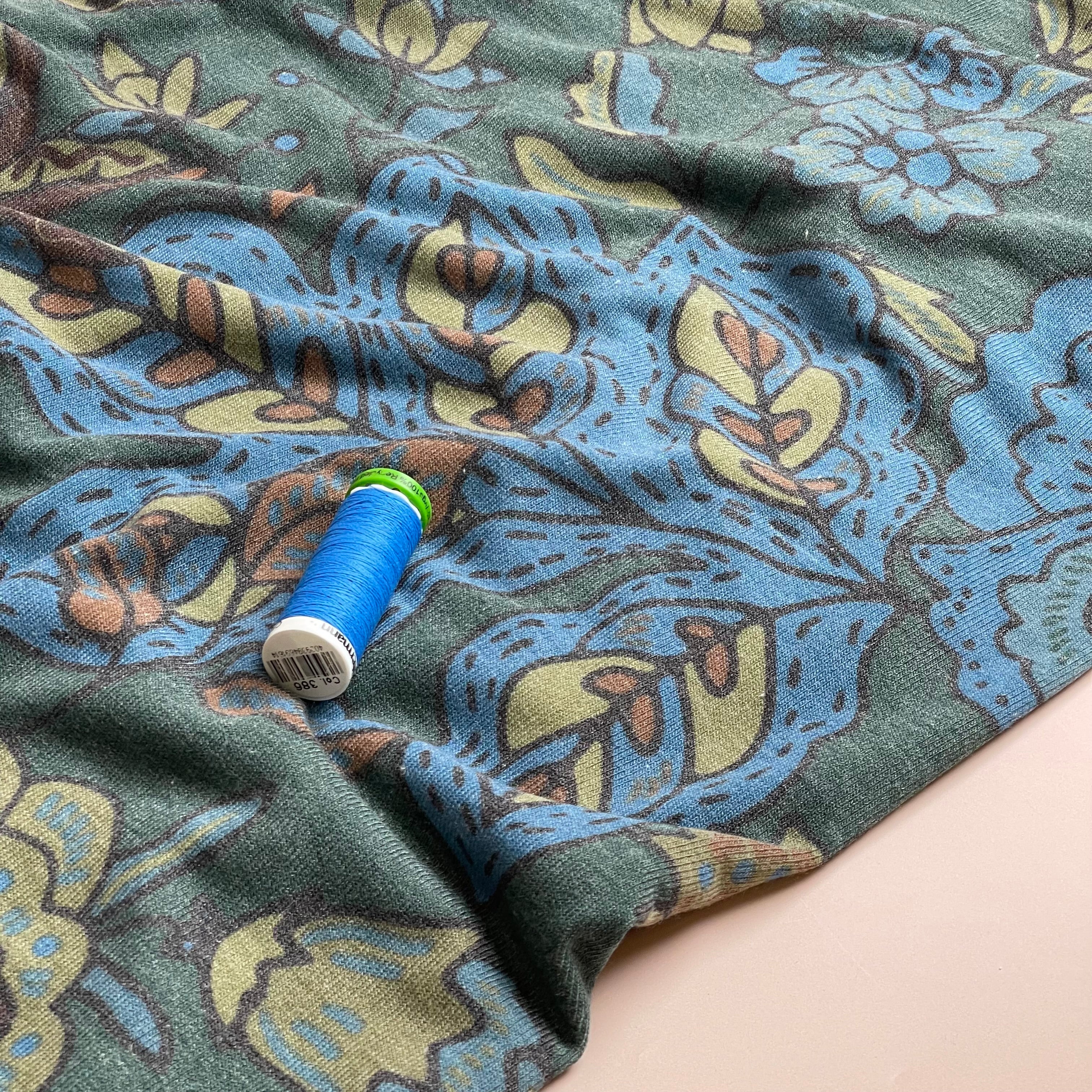 Autumn Flowers Petrol Light Viscose Blend Knit