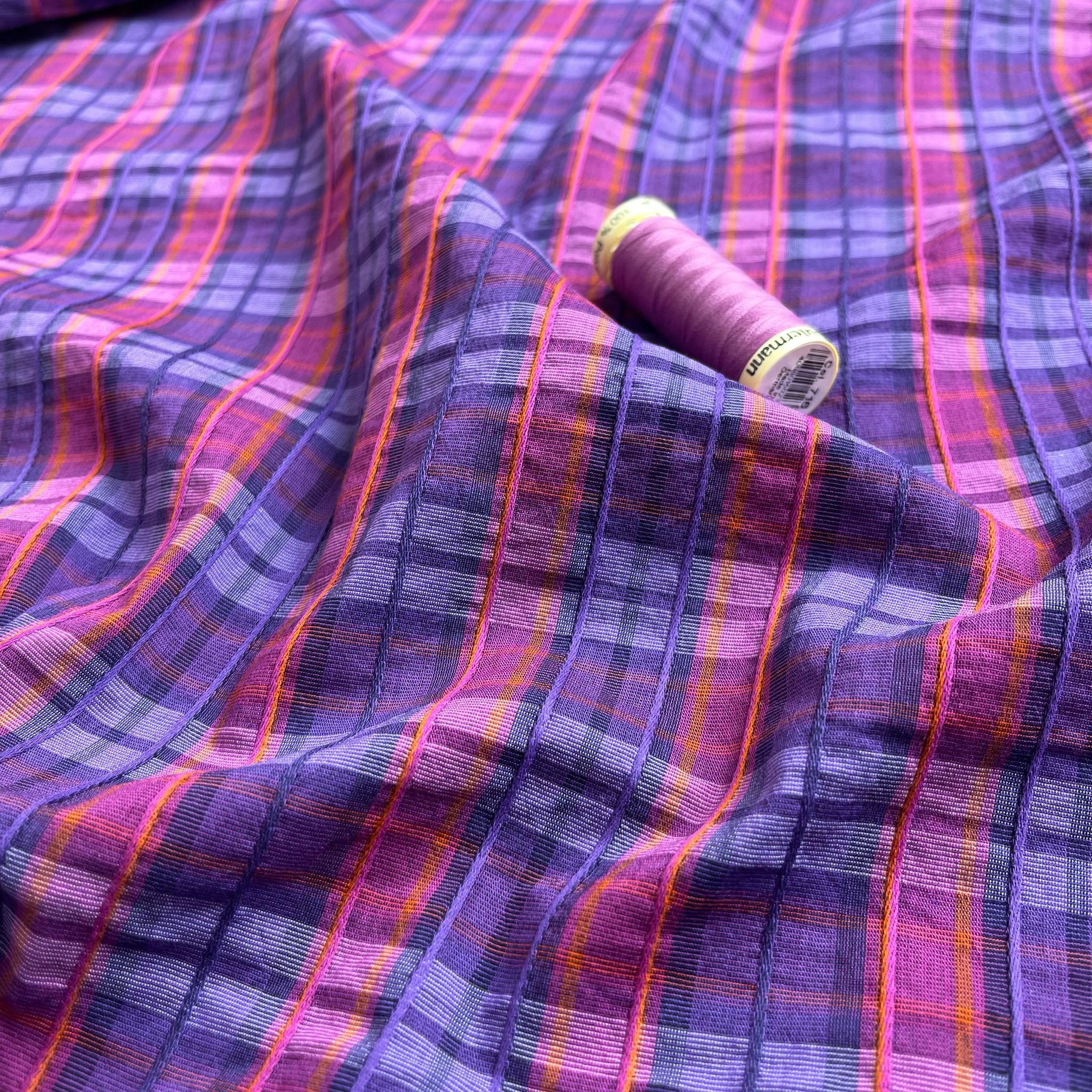 Ex-Designer Deadstock Purple Embroidered Check Cotton Blend Seersucker Fabric