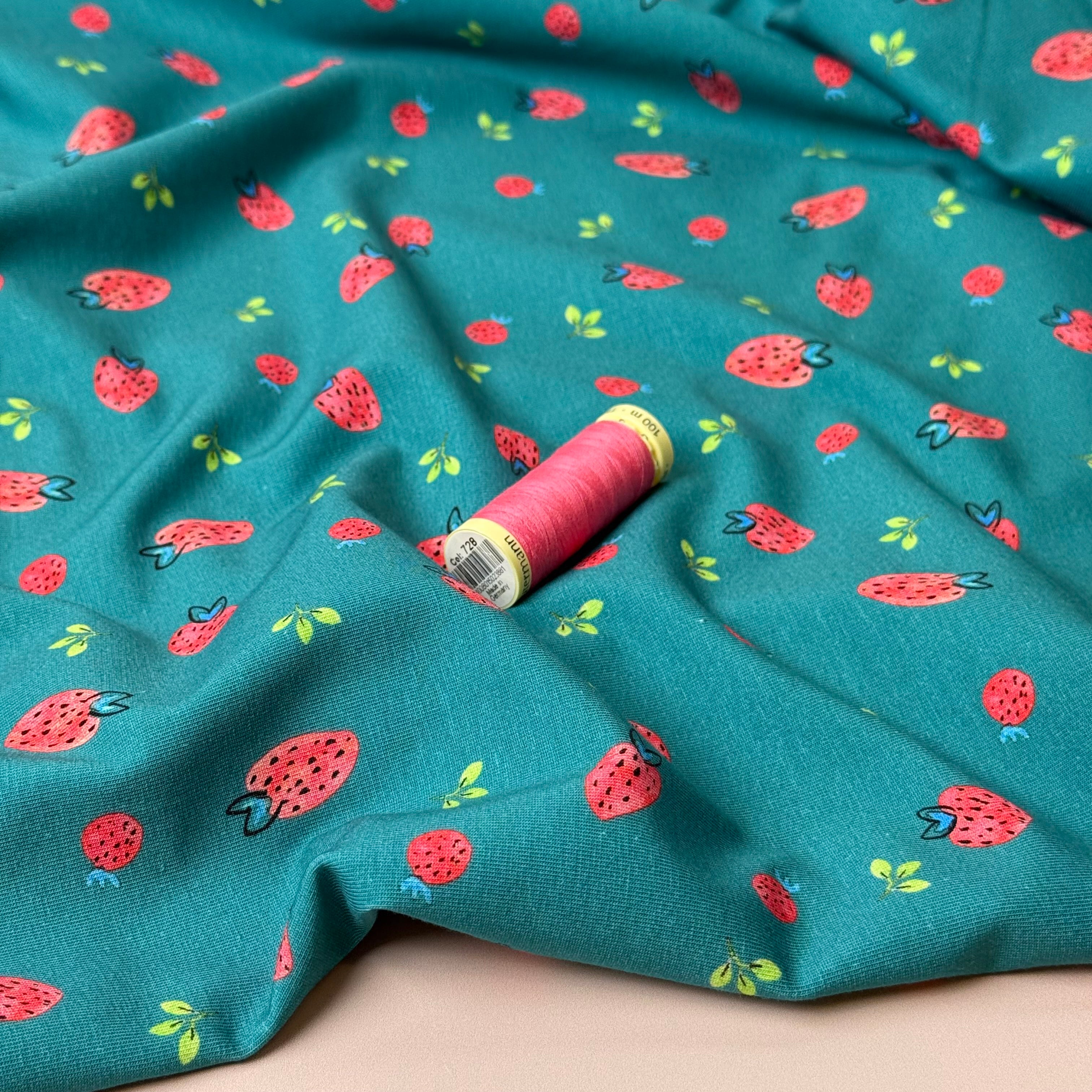 Strawberries on Teal Cotton Jersey Fabric