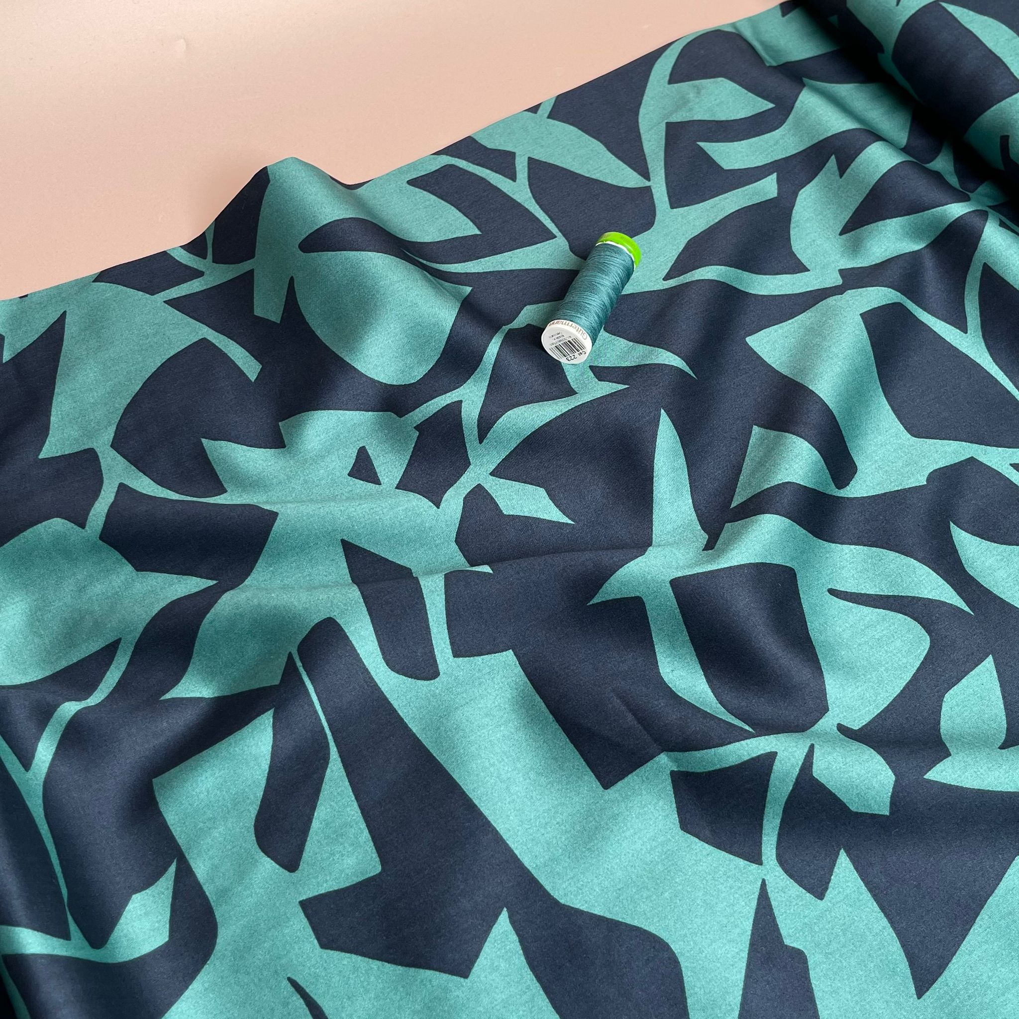 REMNANT 0.72 Metre - Abstract Shapes in Teal and Navy Cotton Sateen Fabric