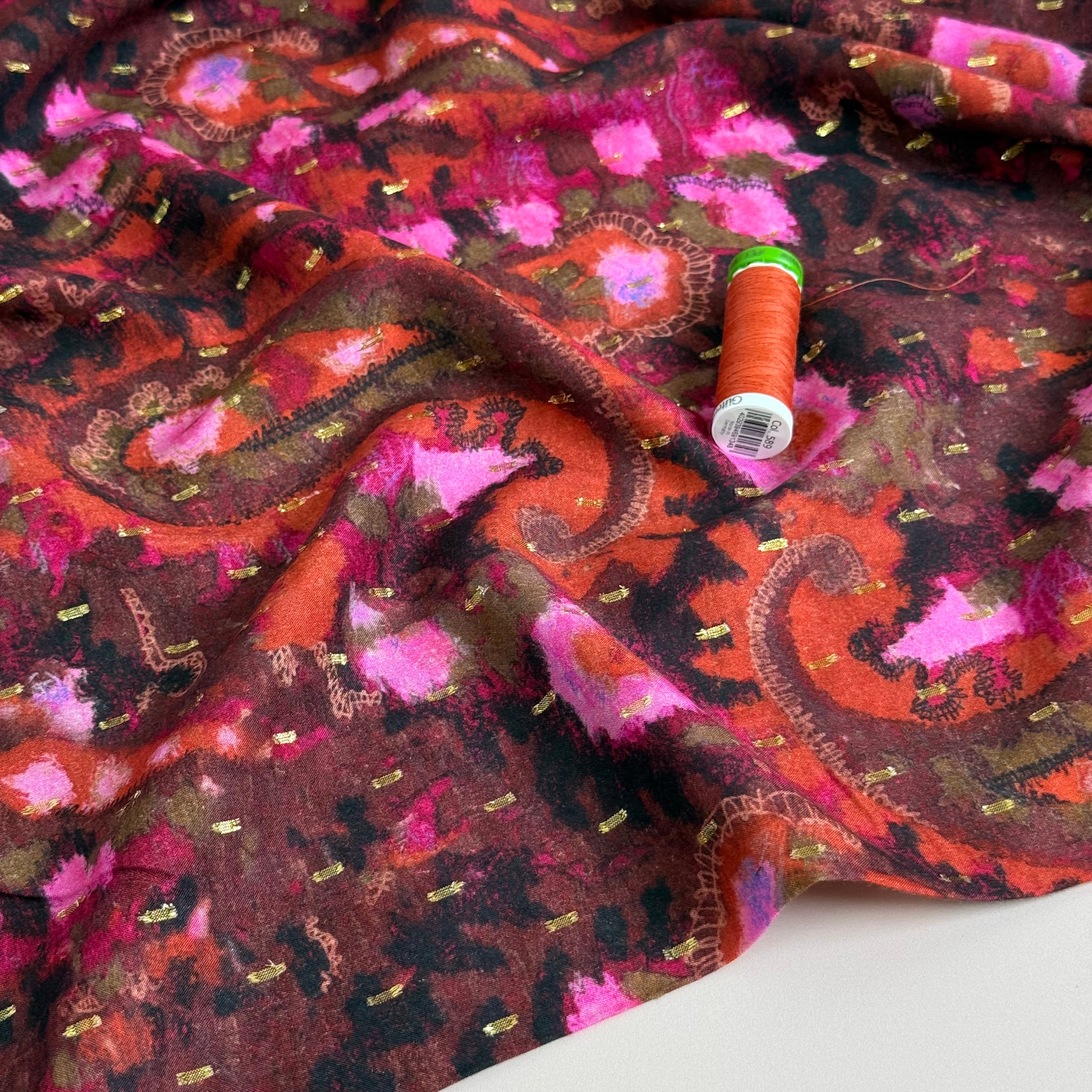Burgundy Paisley with Lurex Viscose Fabric