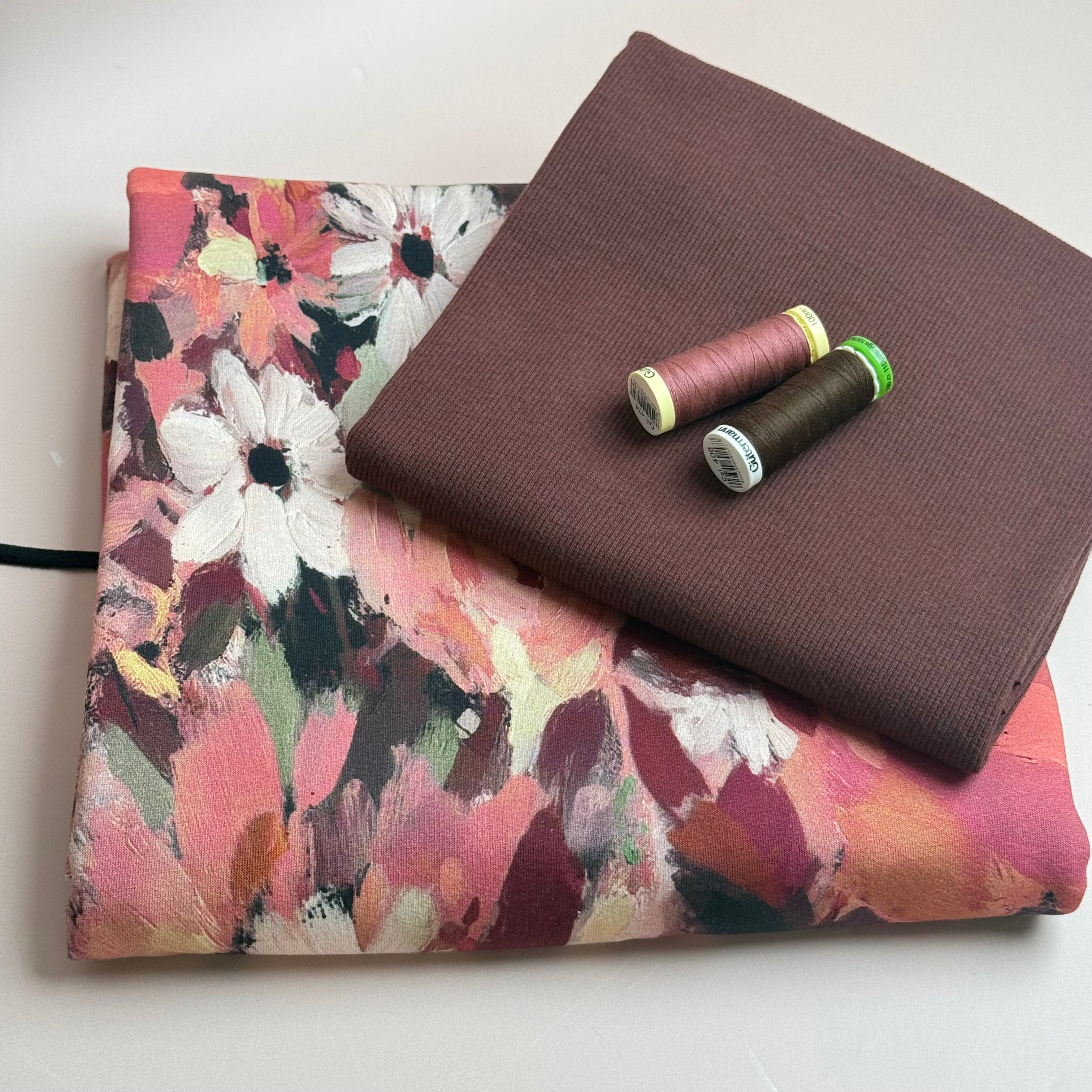 Colour Bundles - Painted Florals Burgundy Cotton French Terry & Matching Ribbing