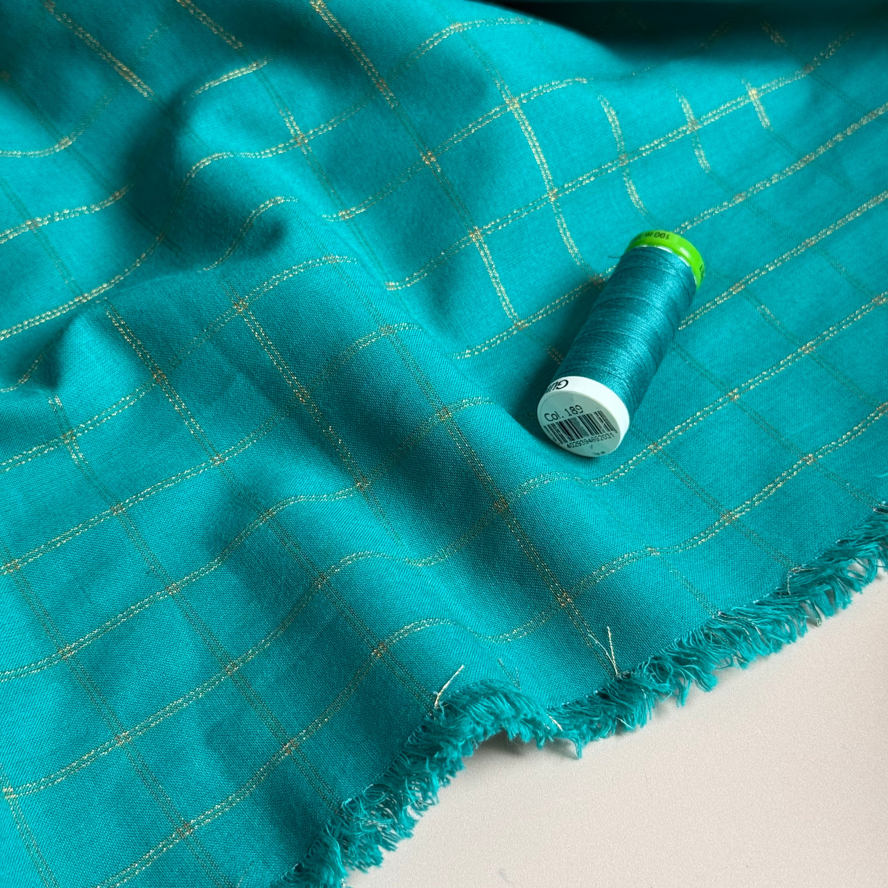 Ex Designer Deadstock - Gold Lurex Check on Teal Cotton Fabric