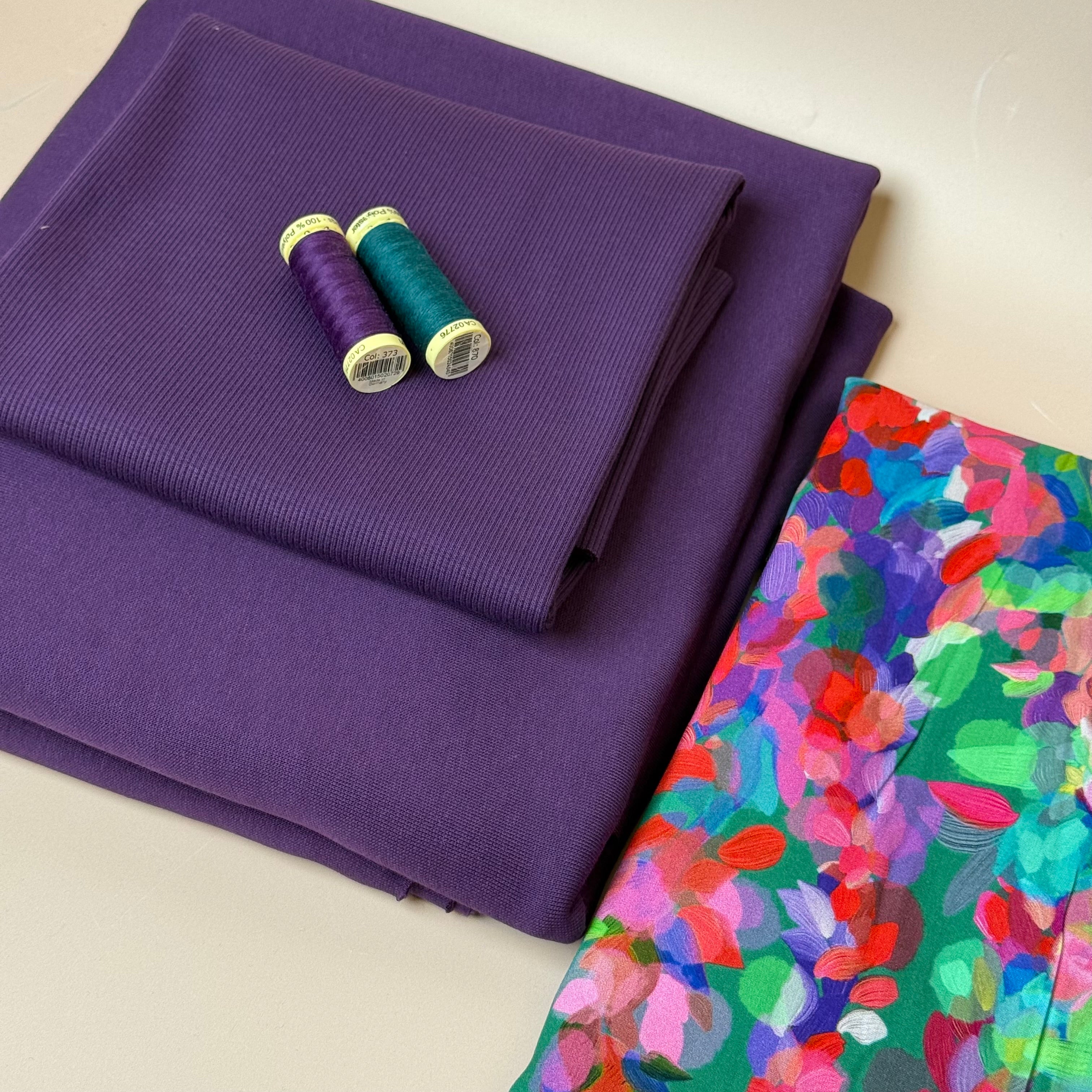 Make an Outfit Colour Bundle - Lupine Petals Viscose & Brushed Sweatshirt in Plum with Ribbing