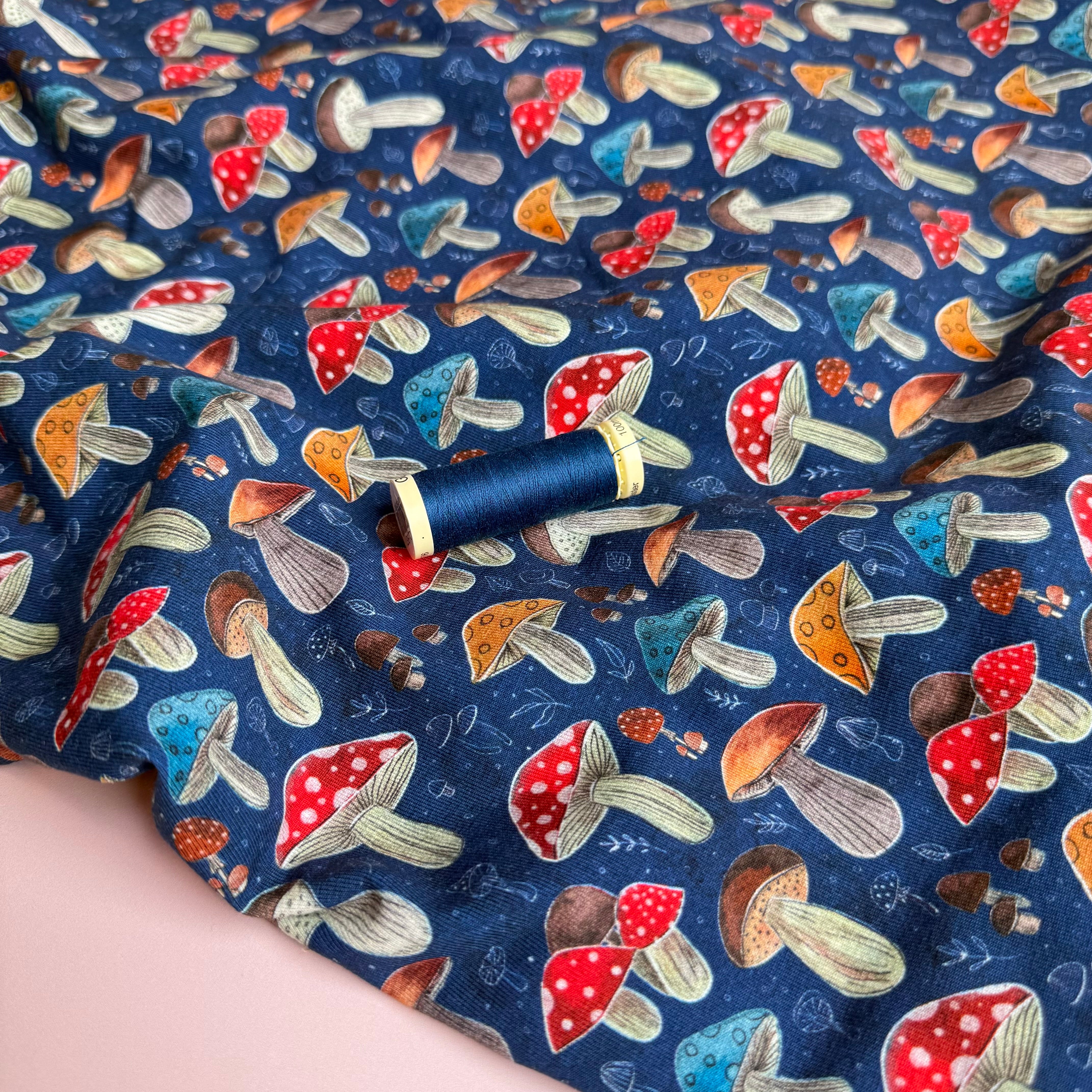 Colourful Mushrooms Blue Cotton Jersey Fabric