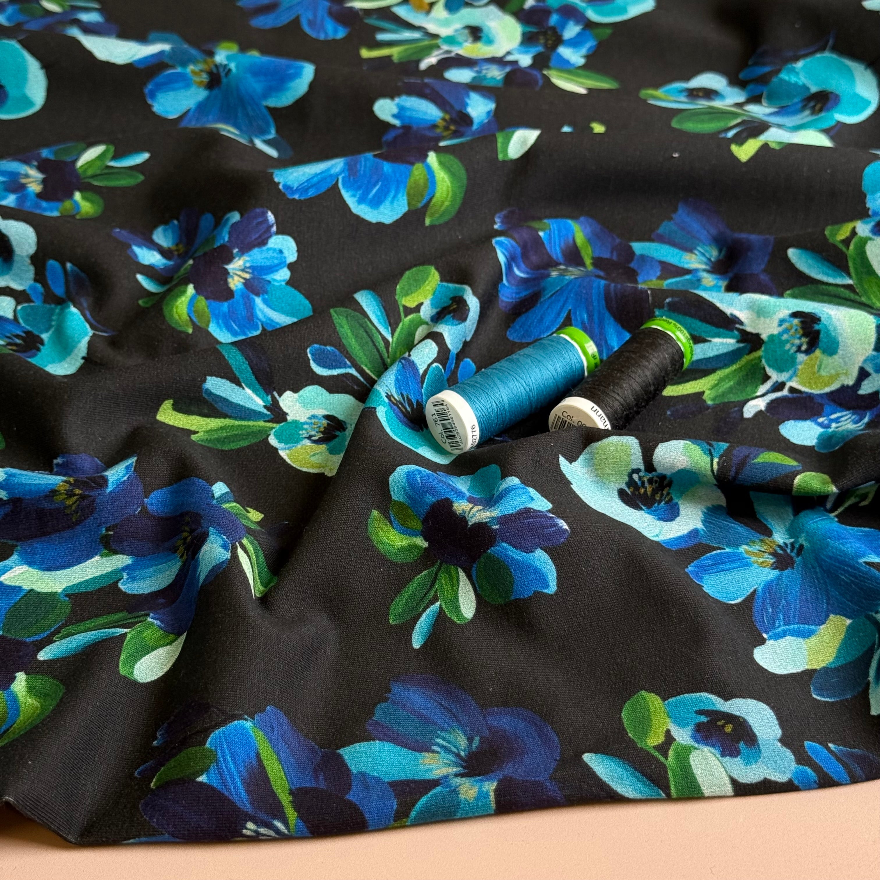 Painted Petals Black Cotton French Terry Fabric
