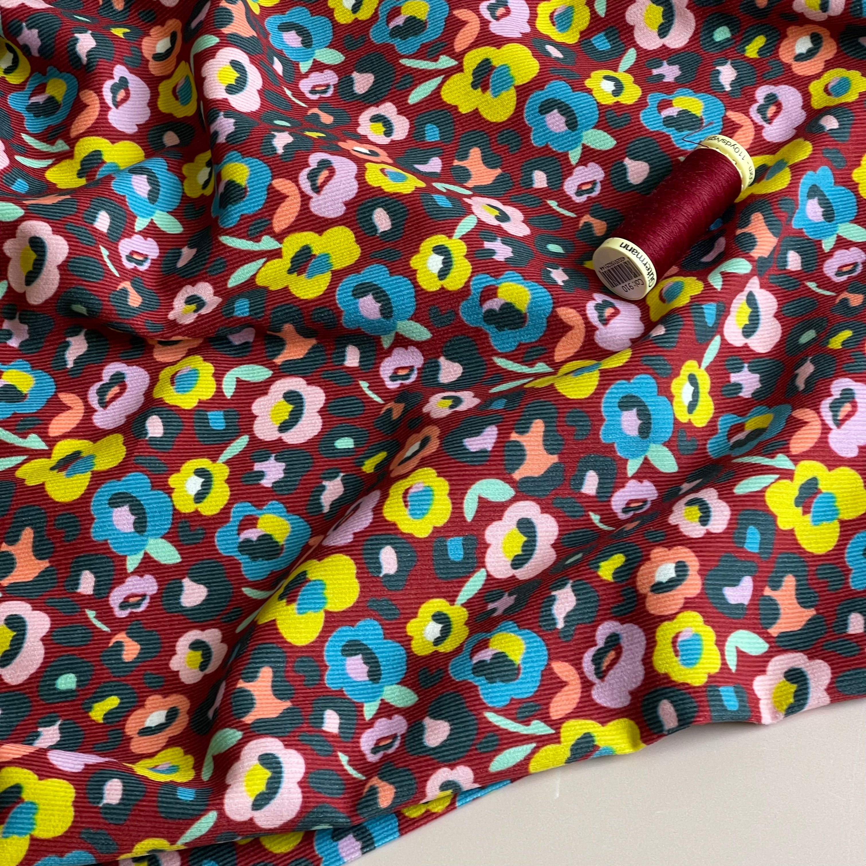 Leopard Flowers Burgundy Cotton Needlecord