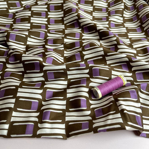 Deadstock Brown and Purple Geo Cotton Sateen Fabric