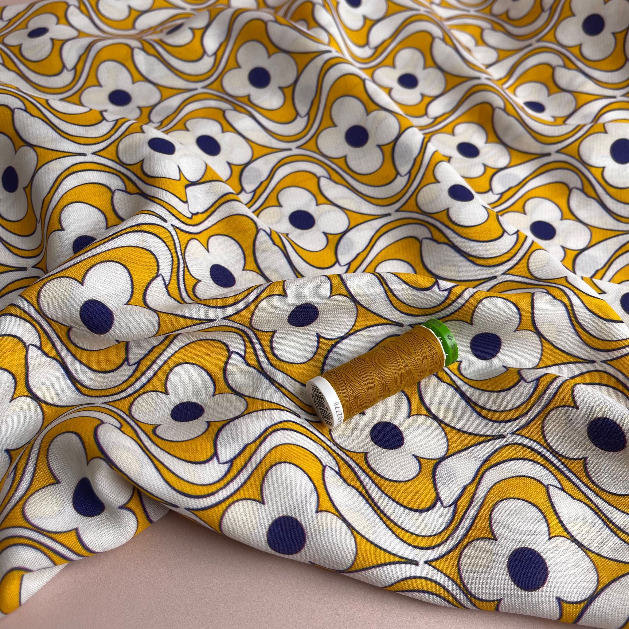 Groovy Flowers on Yellow Viscose Fabric