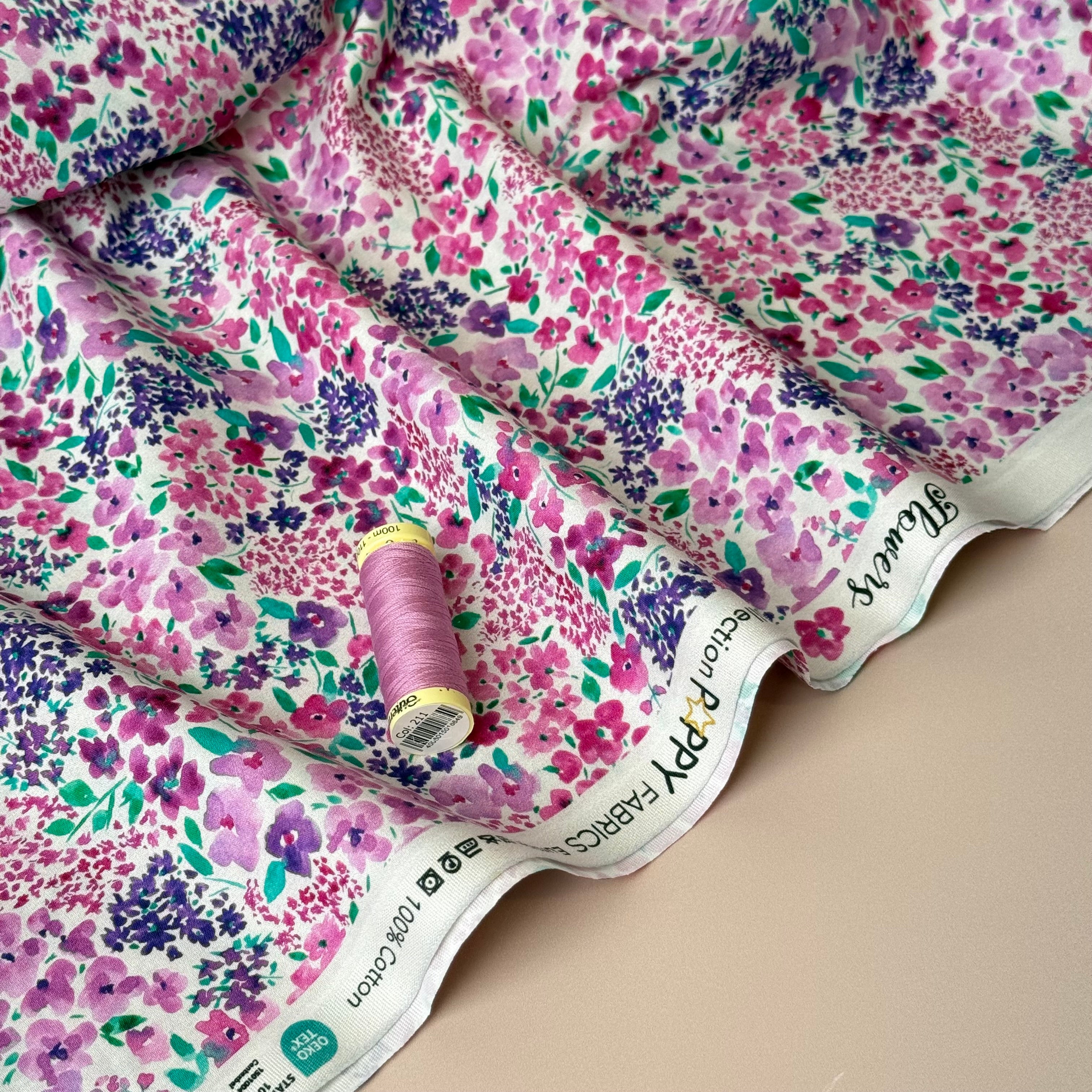 Small Watercolour Flowers on White Fine Cotton Poplin