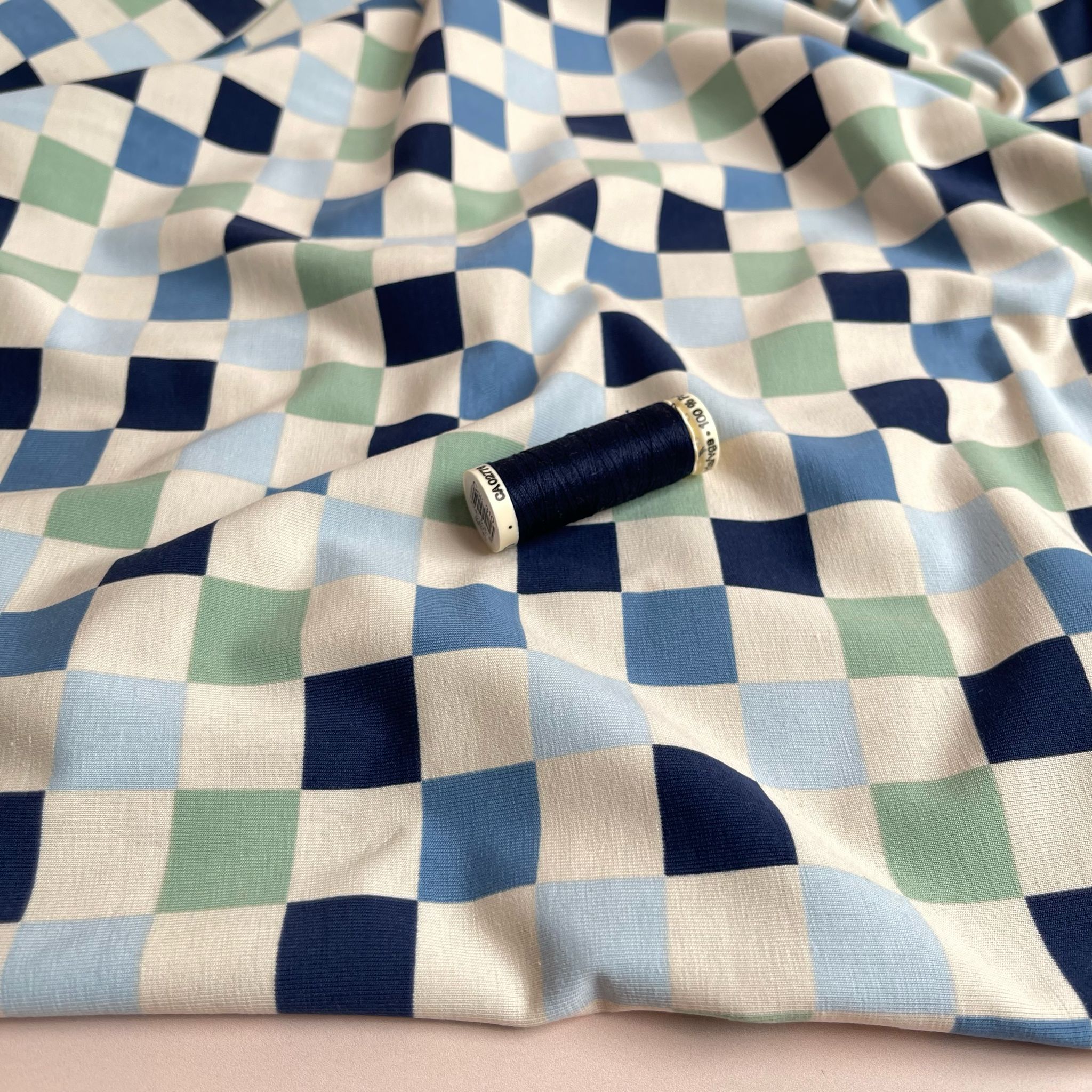 Checkers in Blue and Mint Cotton Jersey Fabric