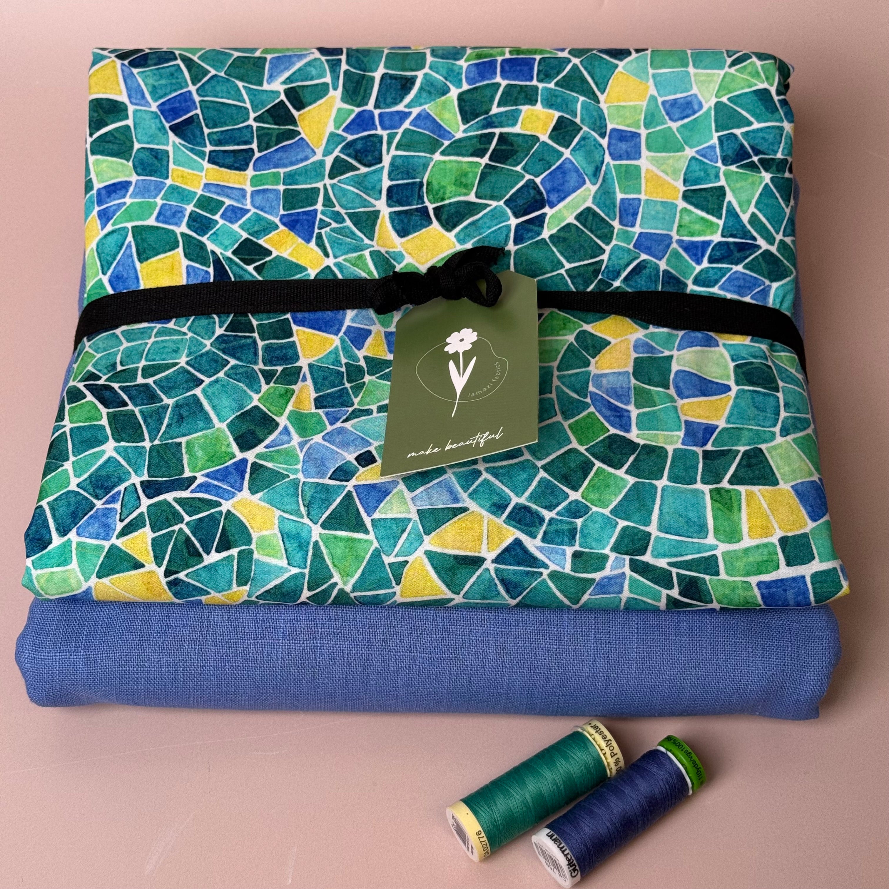 Make An Outfit Colour Bundle and Sewing Kit - Regalia Blouse in Emerald Mosaics and Spring Trousers in Sky Haze Linen