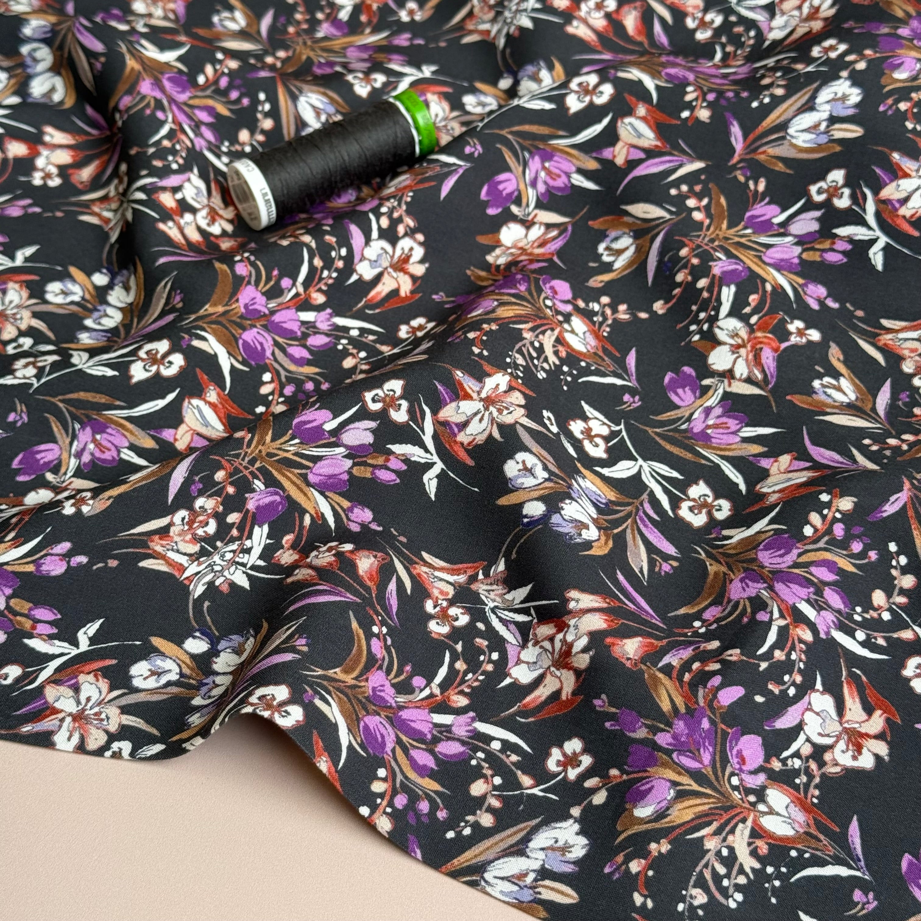 Purple Bouquet on Dark Grey Viscose Poplin Fabric