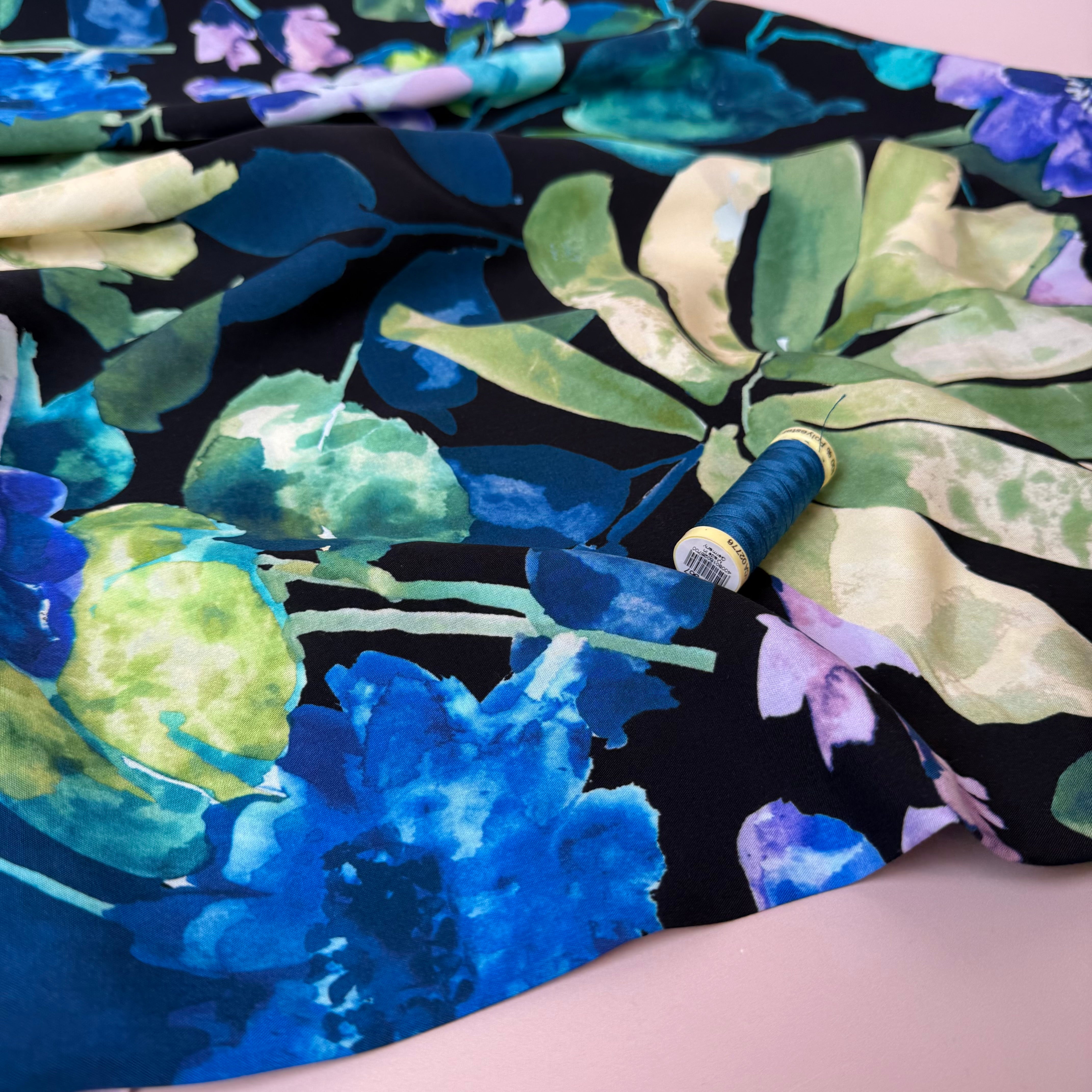 Winter Blooms with Petrol Viscose Poplin Fabric