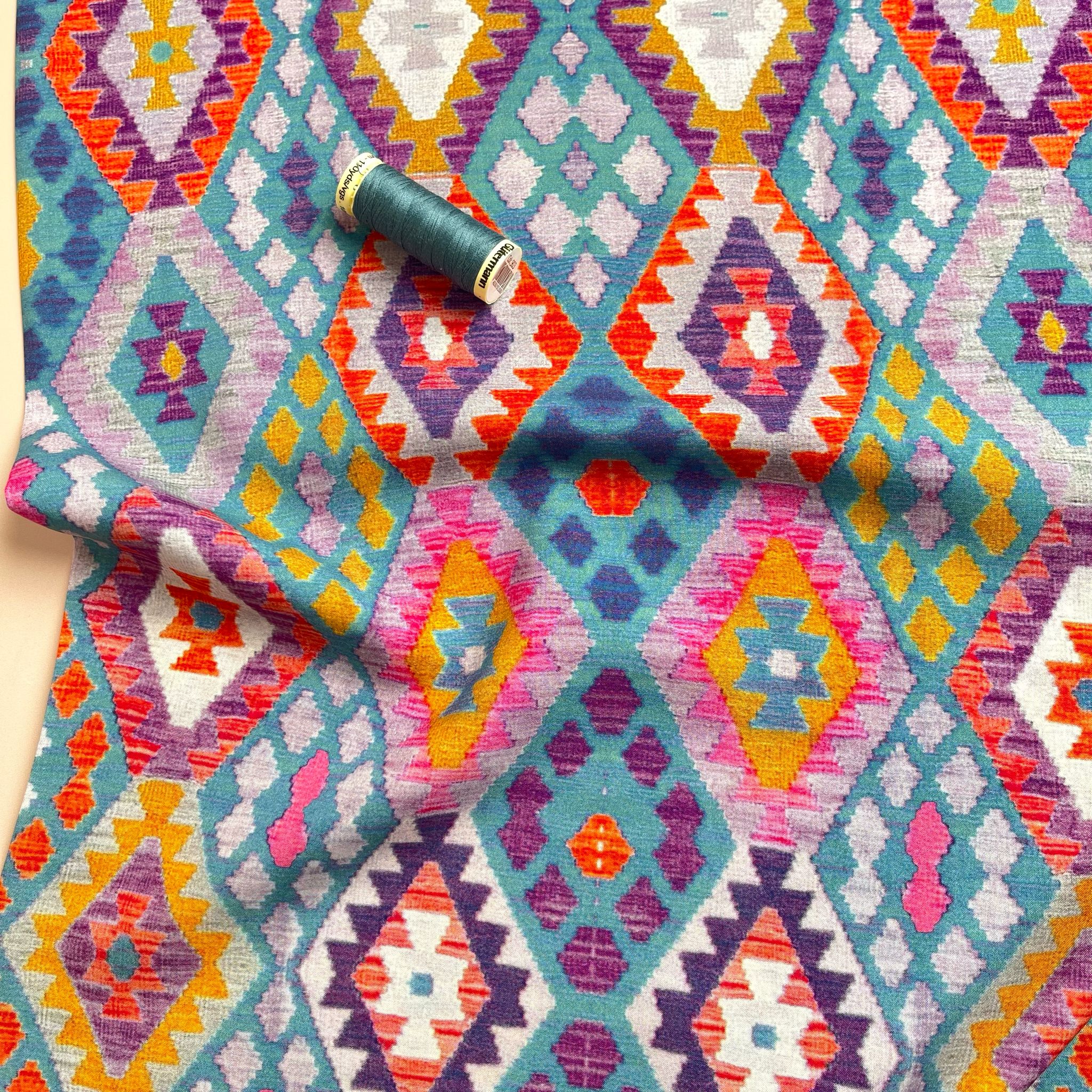 REMNANT 1.6 Metres - Rainbow Aztec Diamonds Viscose Fabric