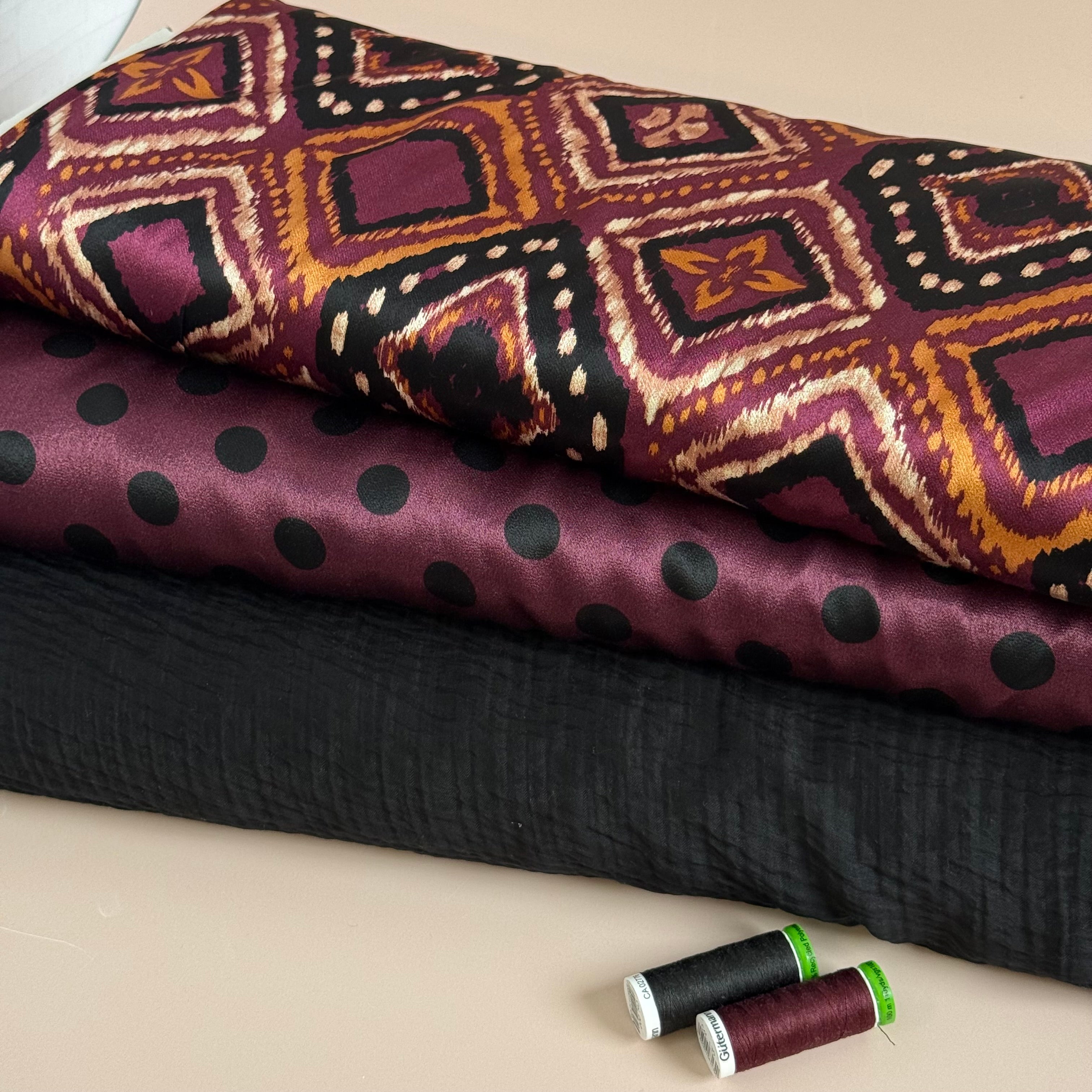 Retro Shapes Wine Spun Viscose Sateen Fabric