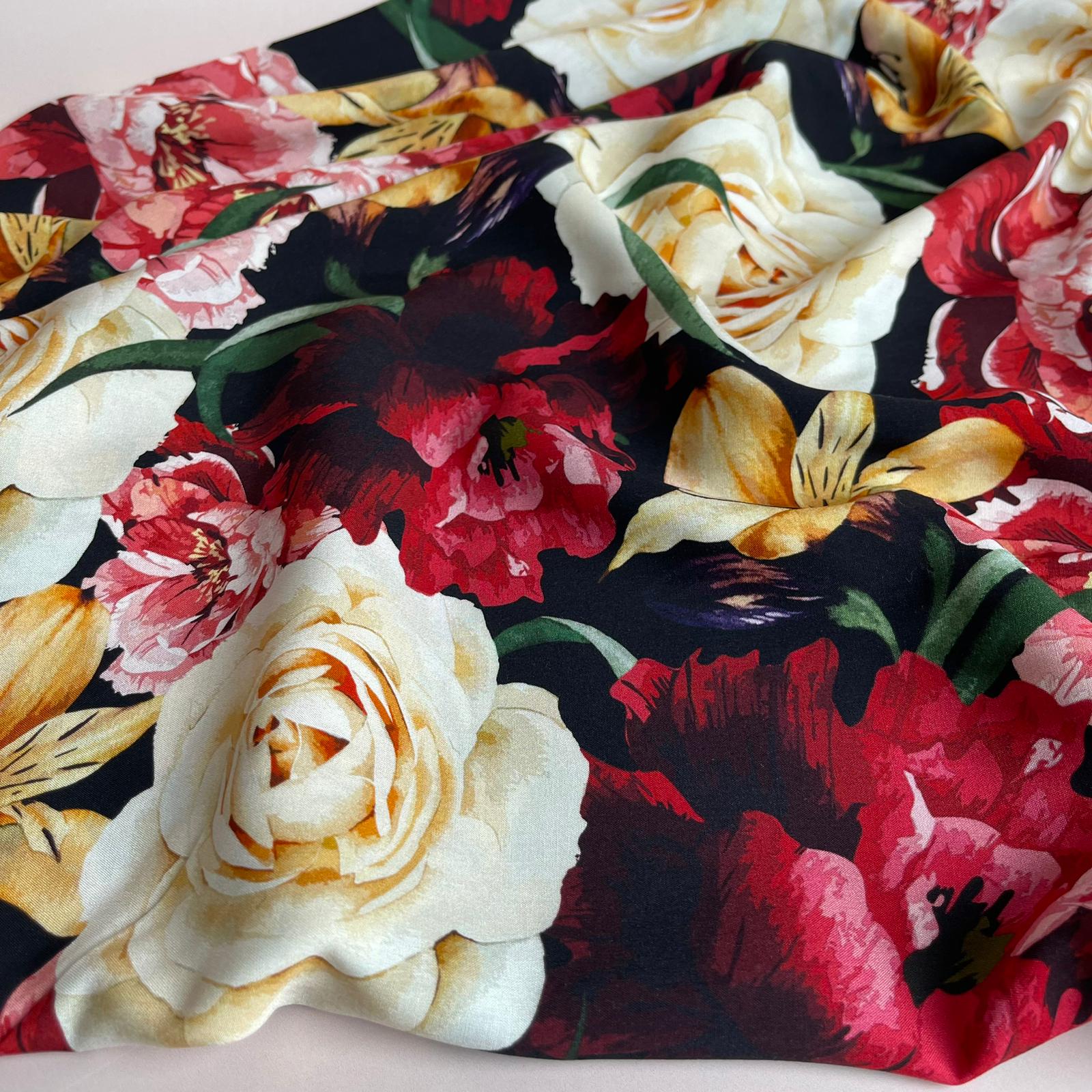 PRE-ORDER due by end of Jan 25 - Romance Flowers on Black Viscose Fabric