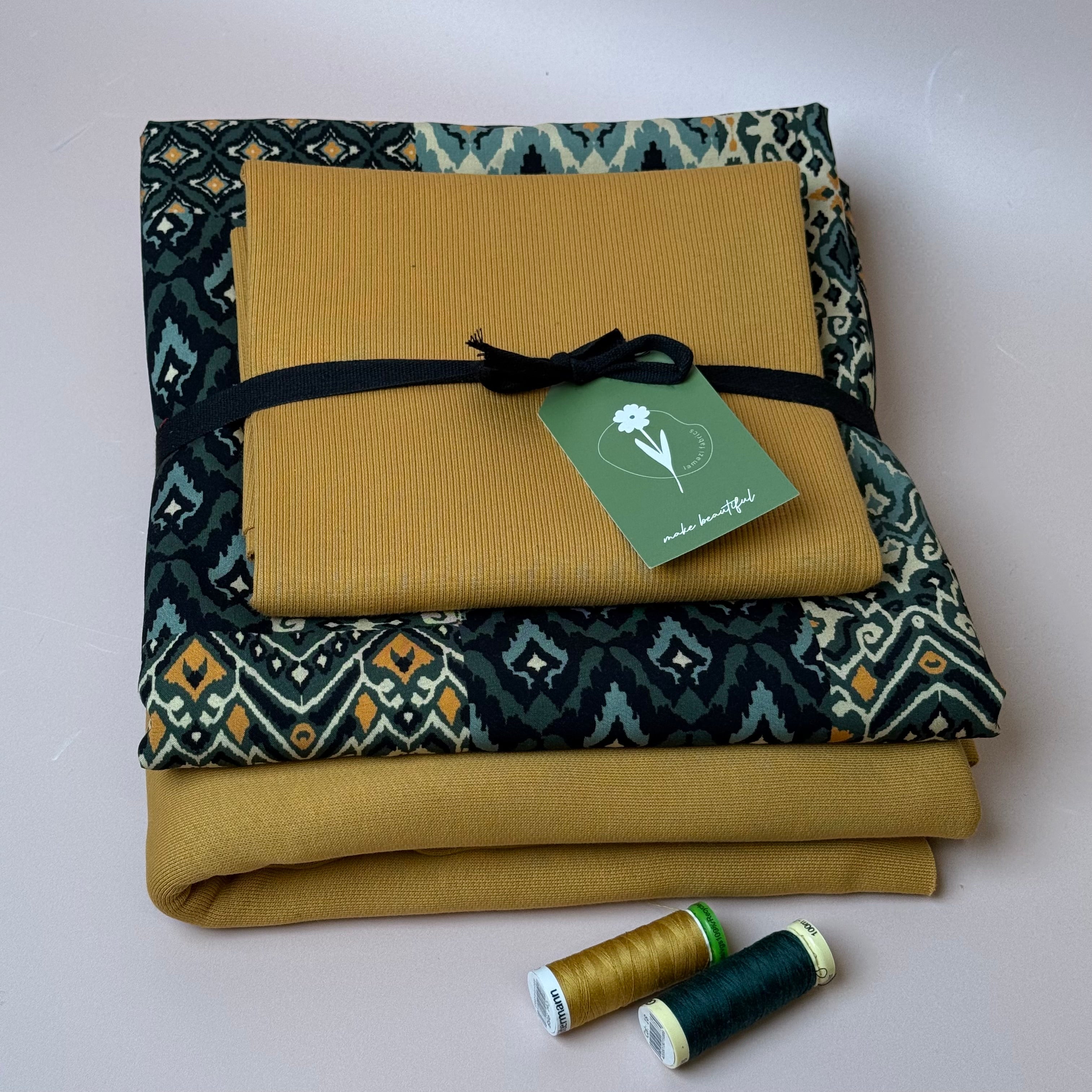 Make an Outfit Colour Bundle - Vintage Patchwork Green Viscose & Brushed Sweatshirt in Dry Mustard with Ribbing