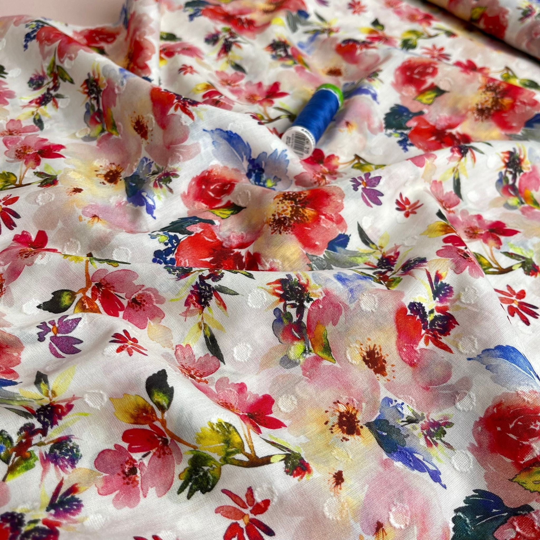 REMNANT 0.46 Metre - Watercolour Red Blooms Embroidered Cotton Dobby Fabric