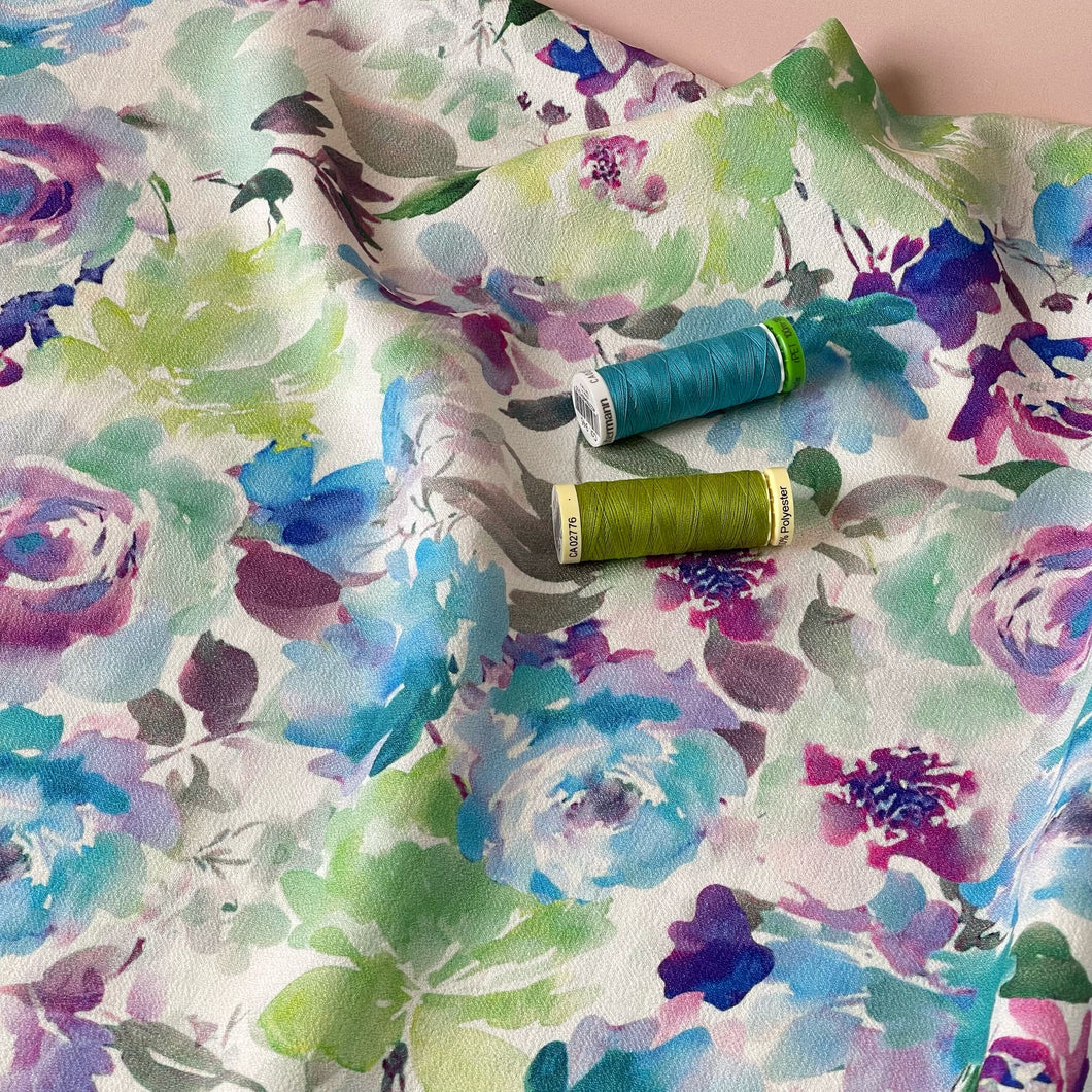 Watercolour Summer Green Blooms Textured Viscose Fabric