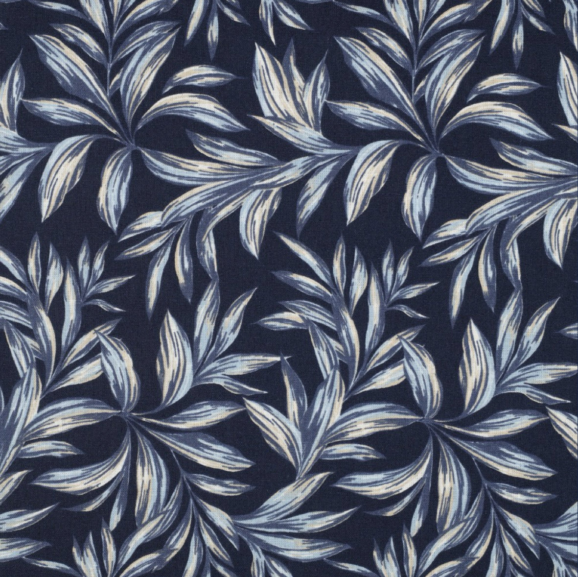 Leaves on Navy Washed Linen Viscose Blend Fabric