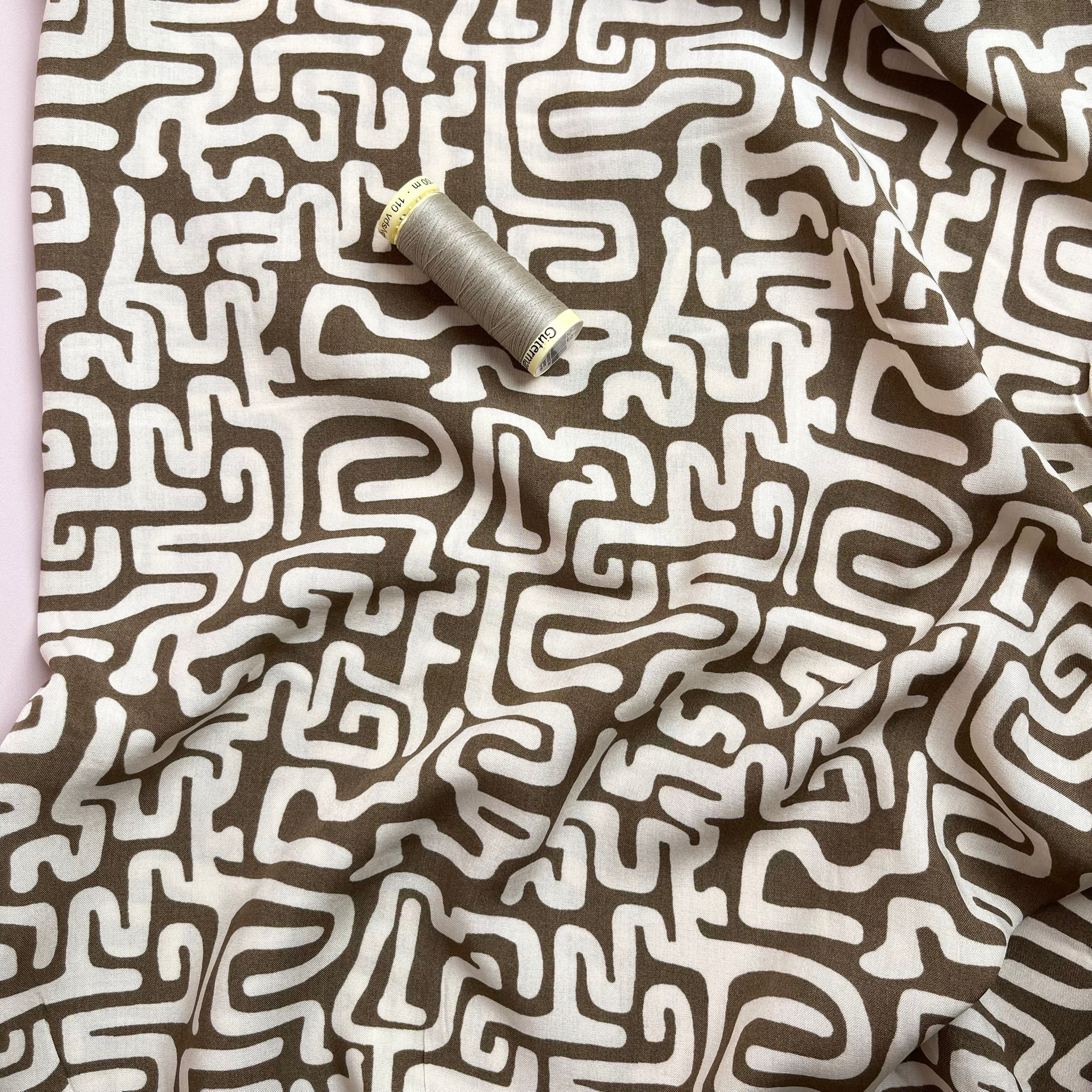 Maze on Brown Viscose Poplin Fabric